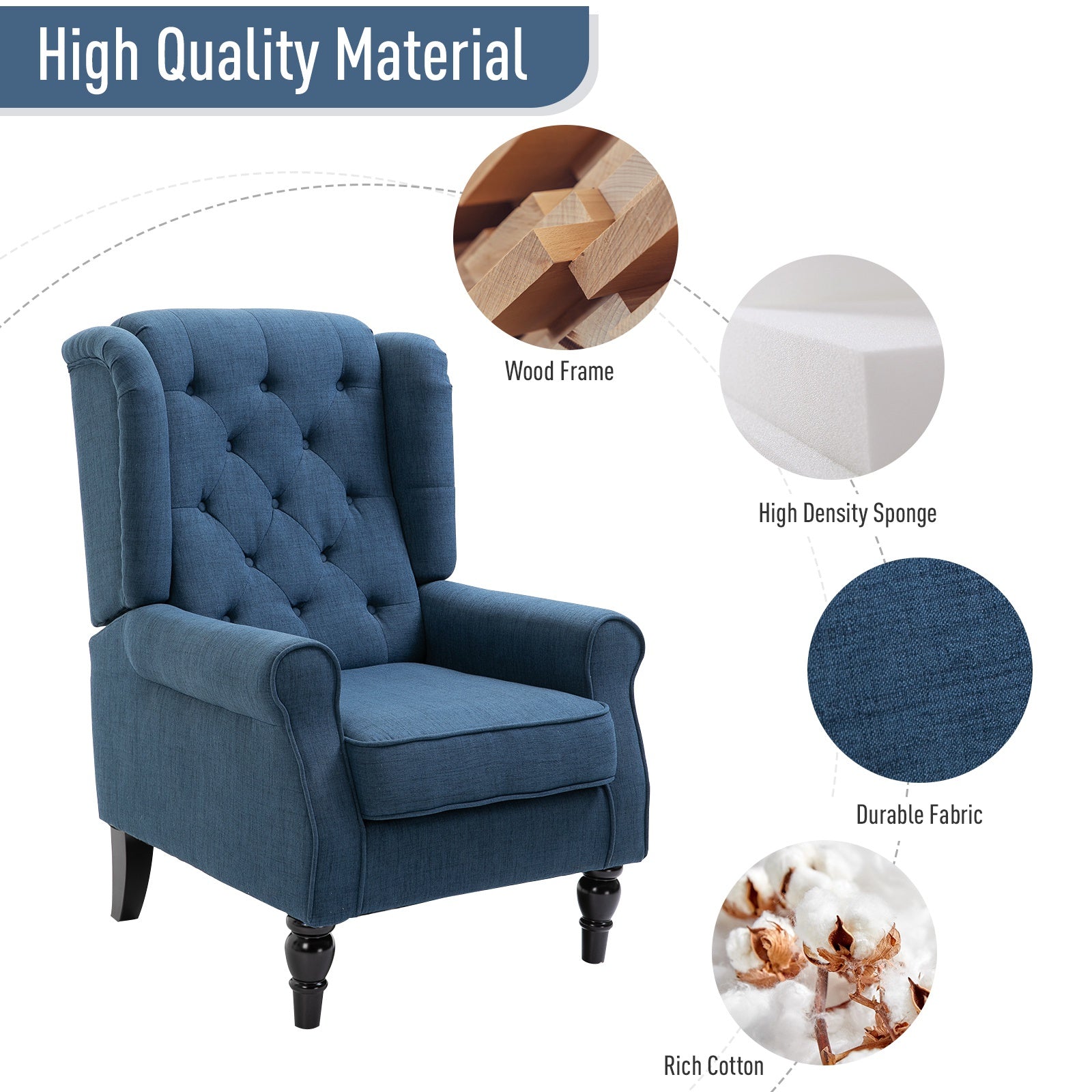 HOMCOM Fabric Tufted Club Accent Chair with Wooden Legs, Blue