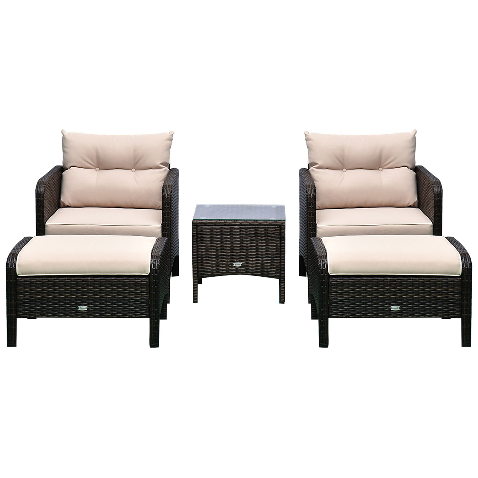 Outsunny 5 Pieces Rattan Wicker Lounge Chair Outdoor Patio Conversation Set with 2 Cushioned Chairs, 2 Ottomans and Tempered Glass Top Coffee Table
