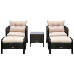 Outsunny 5 Pieces Rattan Wicker Lounge Chair Outdoor Patio Conversation Set with 2 Cushioned Chairs, 2 Ottomans and Tempered Glass Top Coffee Table