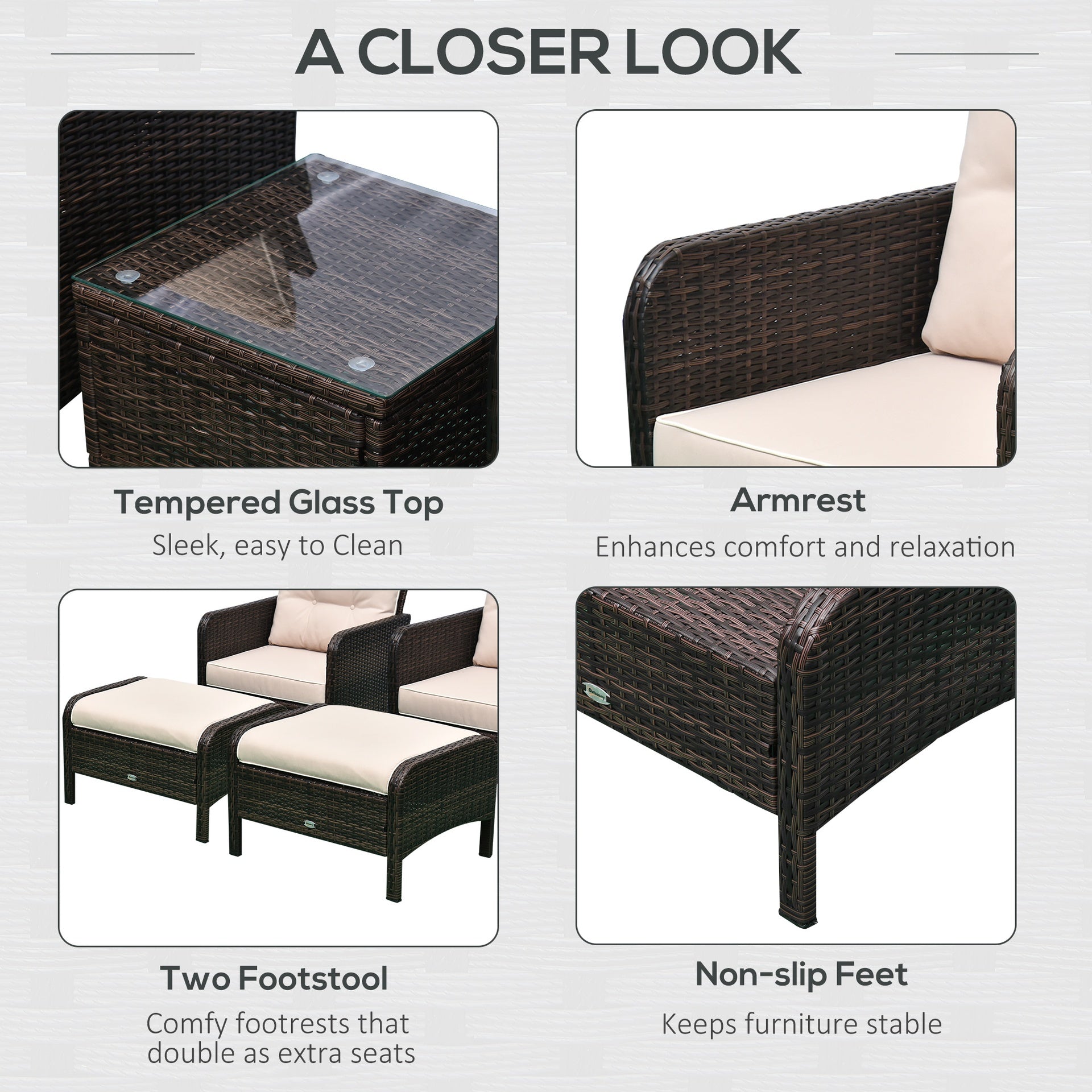 Outsunny 5 Pieces Rattan Wicker Lounge Chair Outdoor Patio Conversation Set with 2 Cushioned Chairs, 2 Ottomans and Tempered Glass Top Coffee Table