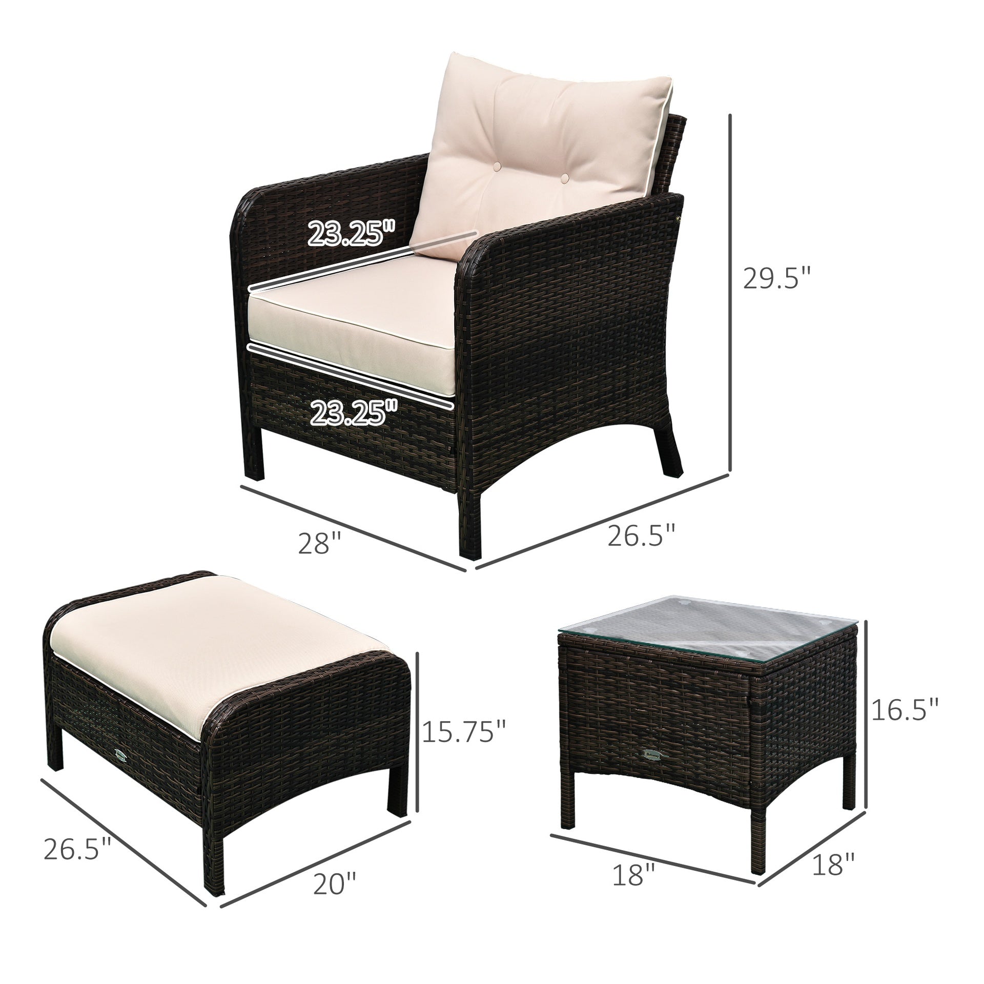 Outsunny 5 Pieces Rattan Wicker Lounge Chair Outdoor Patio Conversation Set with 2 Cushioned Chairs, 2 Ottomans and Tempered Glass Top Coffee Table