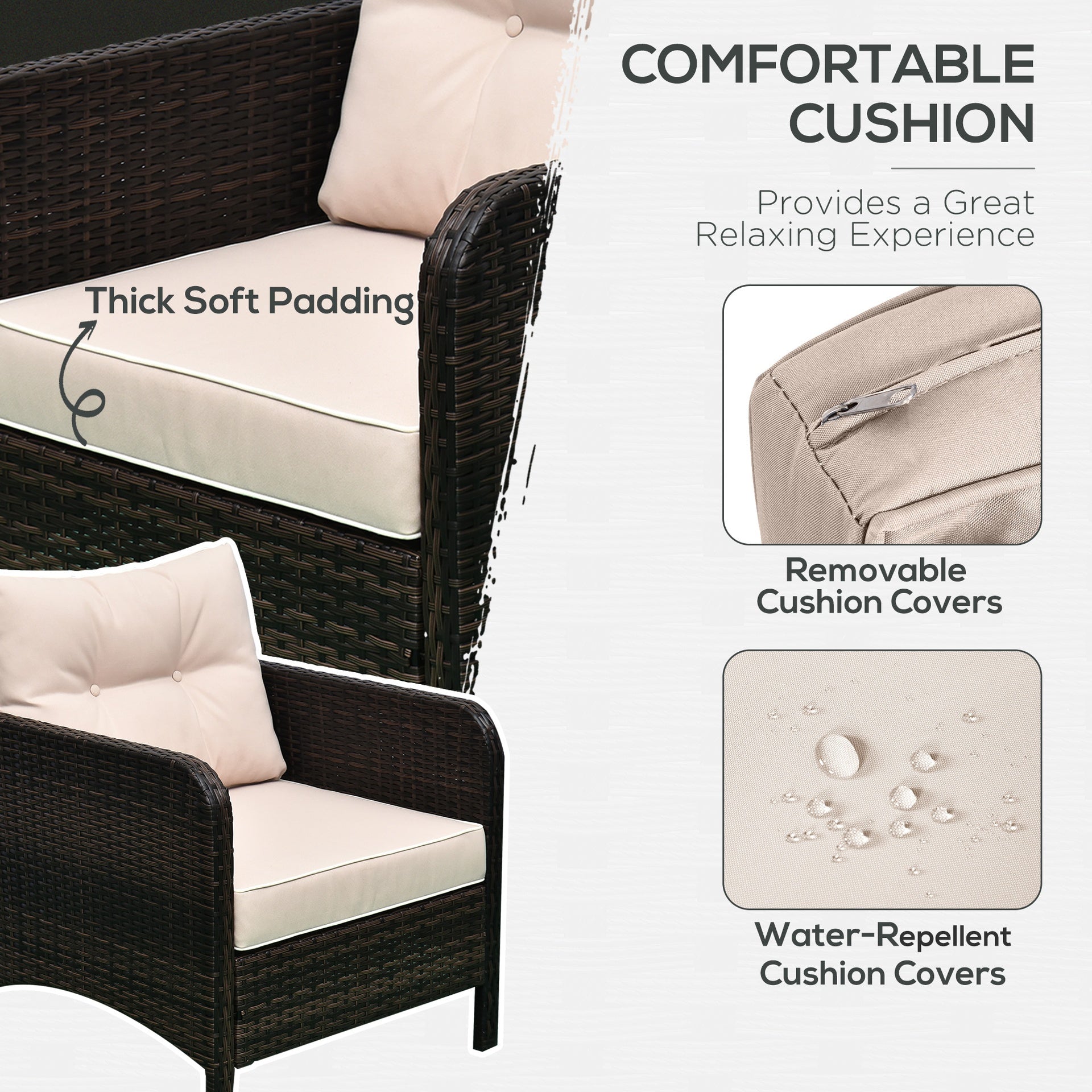 Outsunny 5 Pieces Rattan Wicker Lounge Chair Outdoor Patio Conversation Set with 2 Cushioned Chairs, 2 Ottomans and Tempered Glass Top Coffee Table