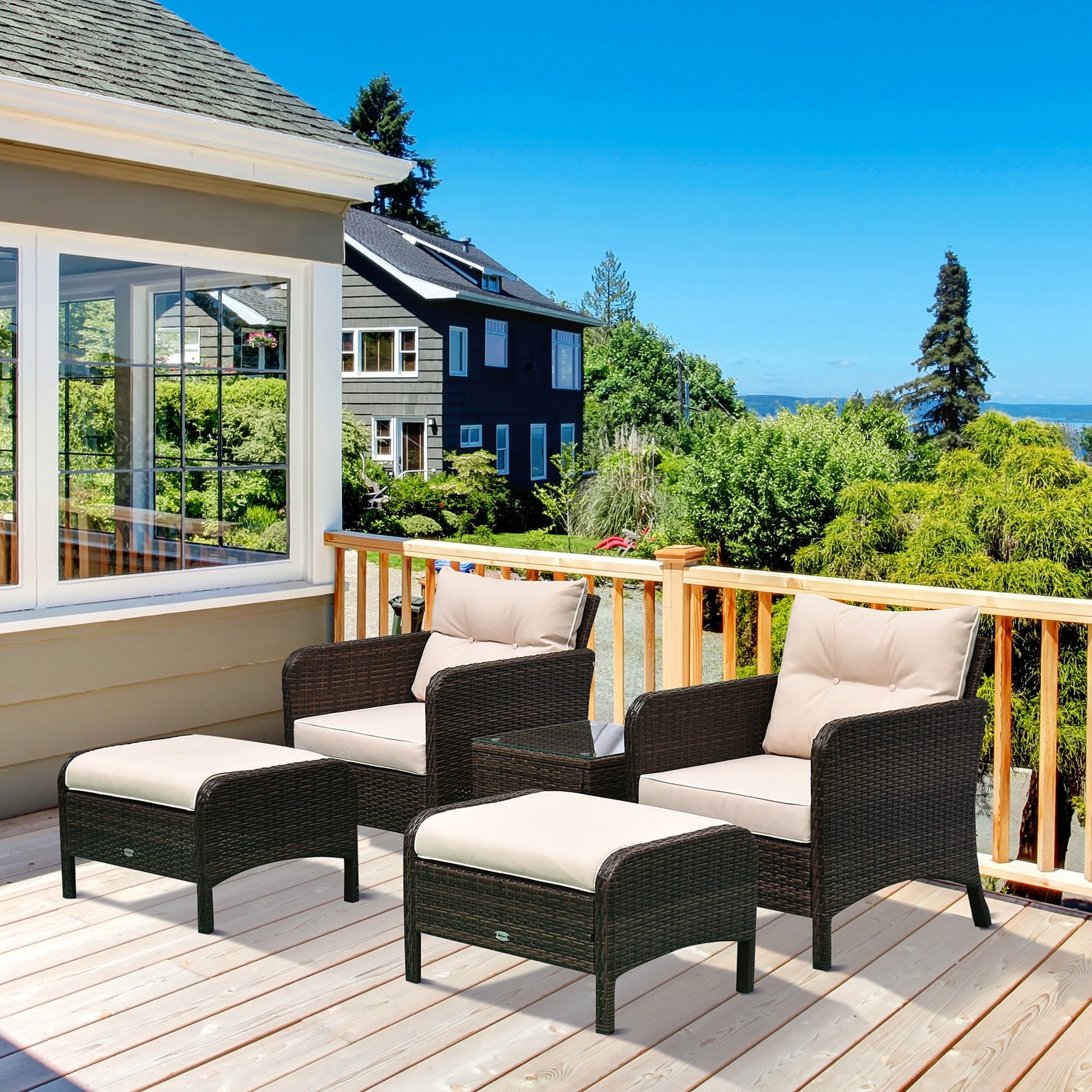 Outsunny 5 Pieces Rattan Wicker Lounge Chair Outdoor Patio Conversation Set with 2 Cushioned Chairs, 2 Ottomans and Tempered Glass Top Coffee Table