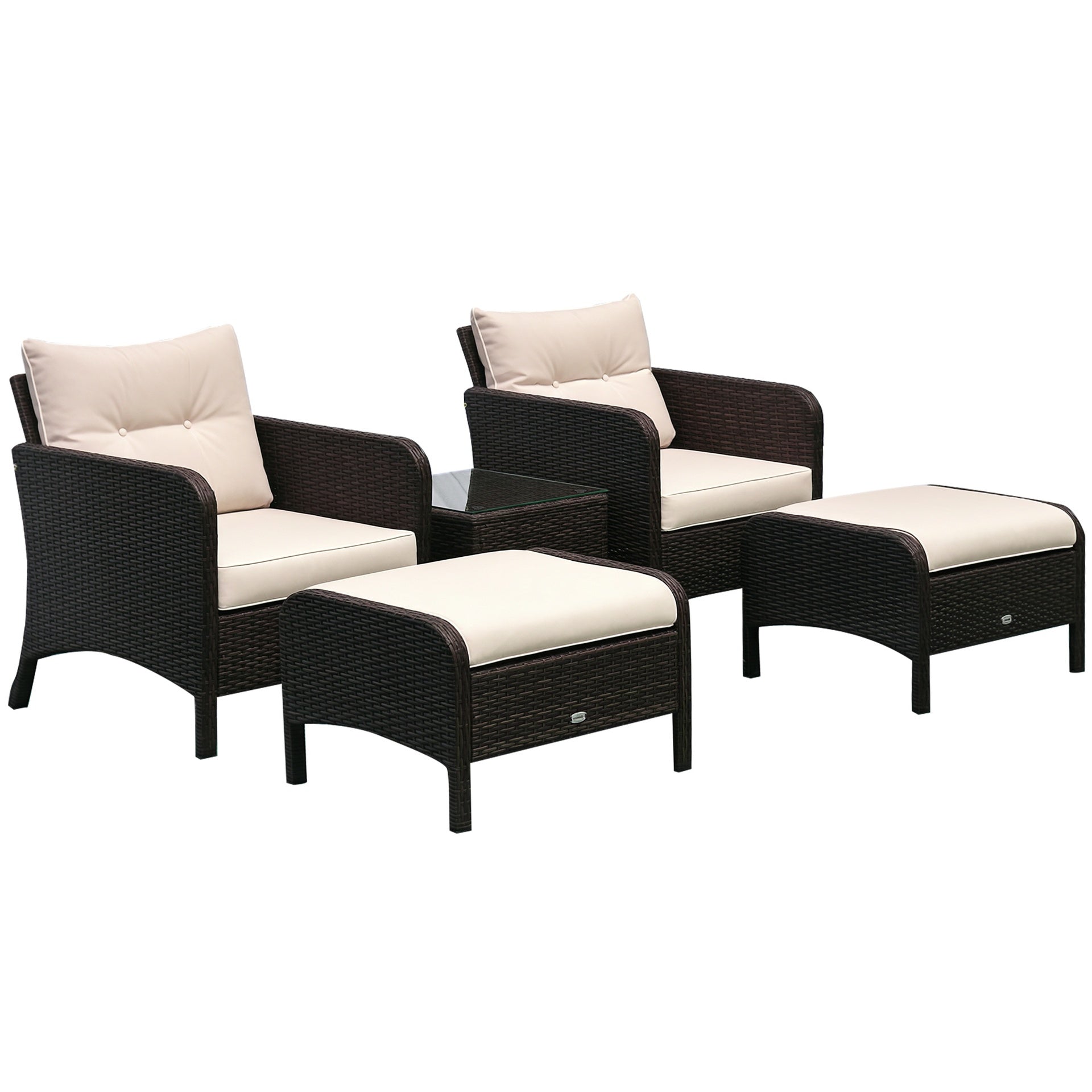 Outsunny 5 Pieces Rattan Wicker Lounge Chair Outdoor Patio Conversation Set with 2 Cushioned Chairs, 2 Ottomans and Tempered Glass Top Coffee Table