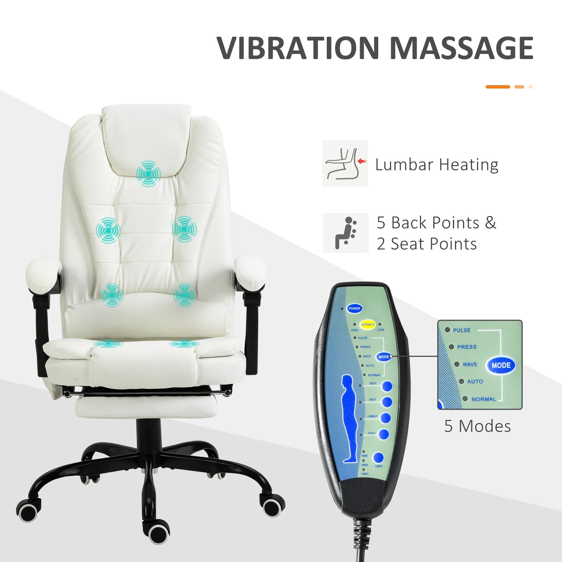 Vinsetto 7-Point Vibrating Massage Office Chair High Back Executive Recliner with Lumbar Support, Footrest, Reclining Back, Adjustable Height, White