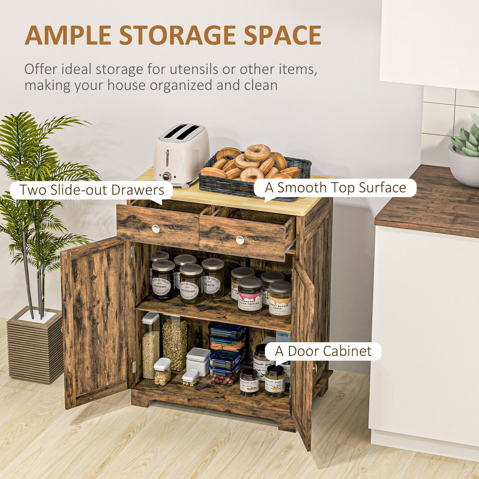 HOMCOM Kitchen Storage Cabinet, Sideboard Floor Cupboard with Solid Wood Top, Adjustable Shelf, and 2 Drawers, Brown