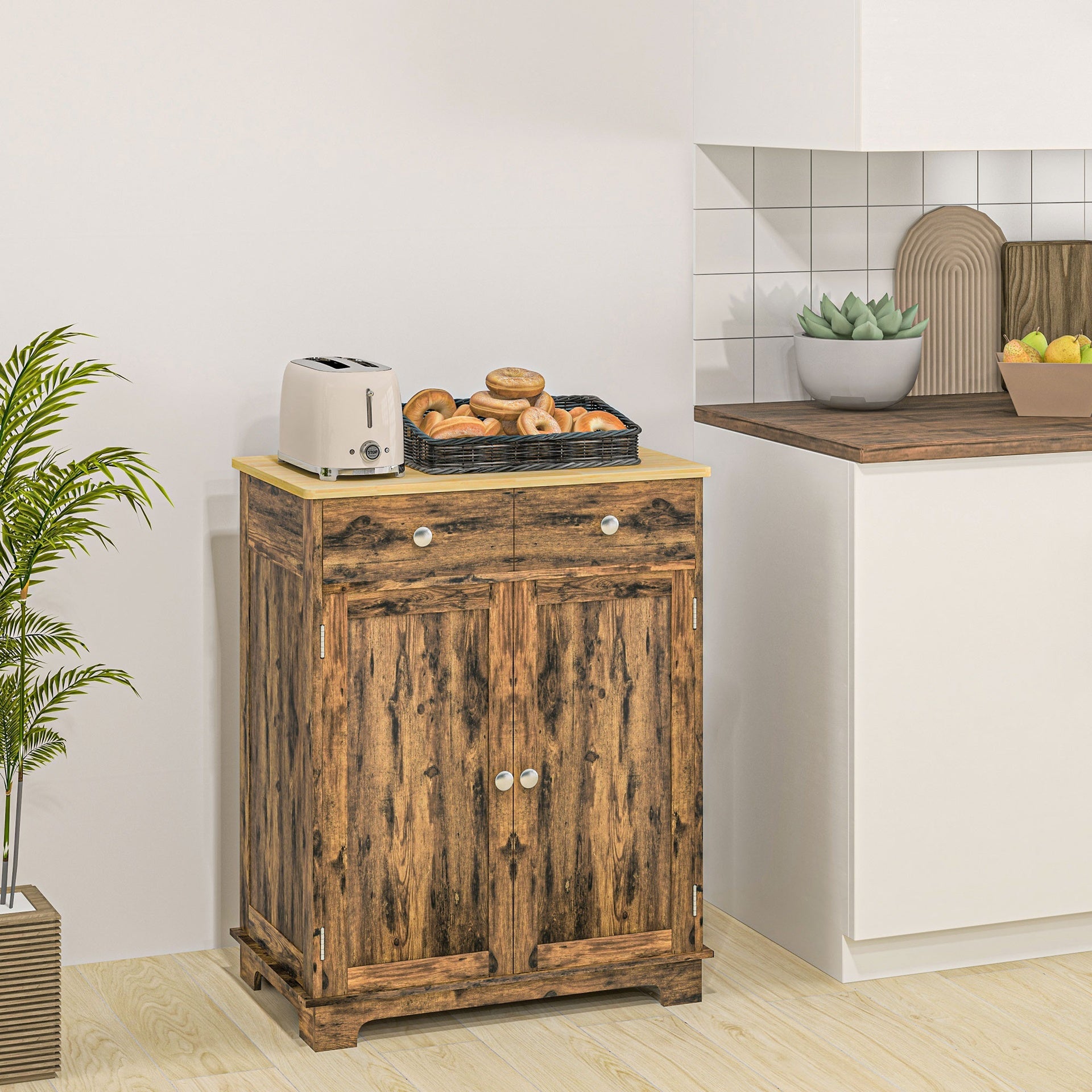 HOMCOM Kitchen Storage Cabinet, Sideboard Floor Cupboard with Solid Wood Top, Adjustable Shelf, and 2 Drawers, Brown
