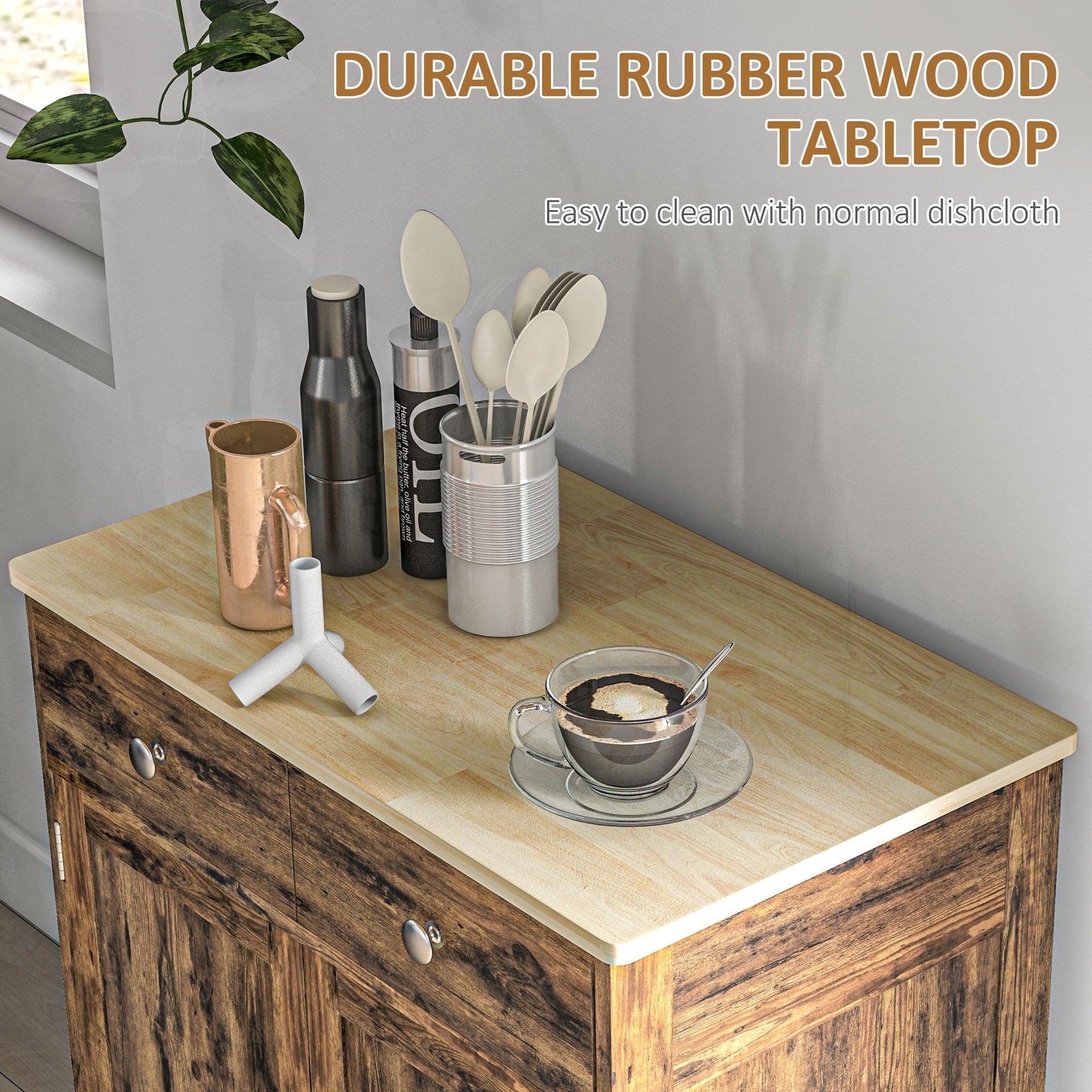 HOMCOM Kitchen Storage Cabinet, Sideboard Floor Cupboard with Solid Wood Top, Adjustable Shelf, and 2 Drawers, Brown