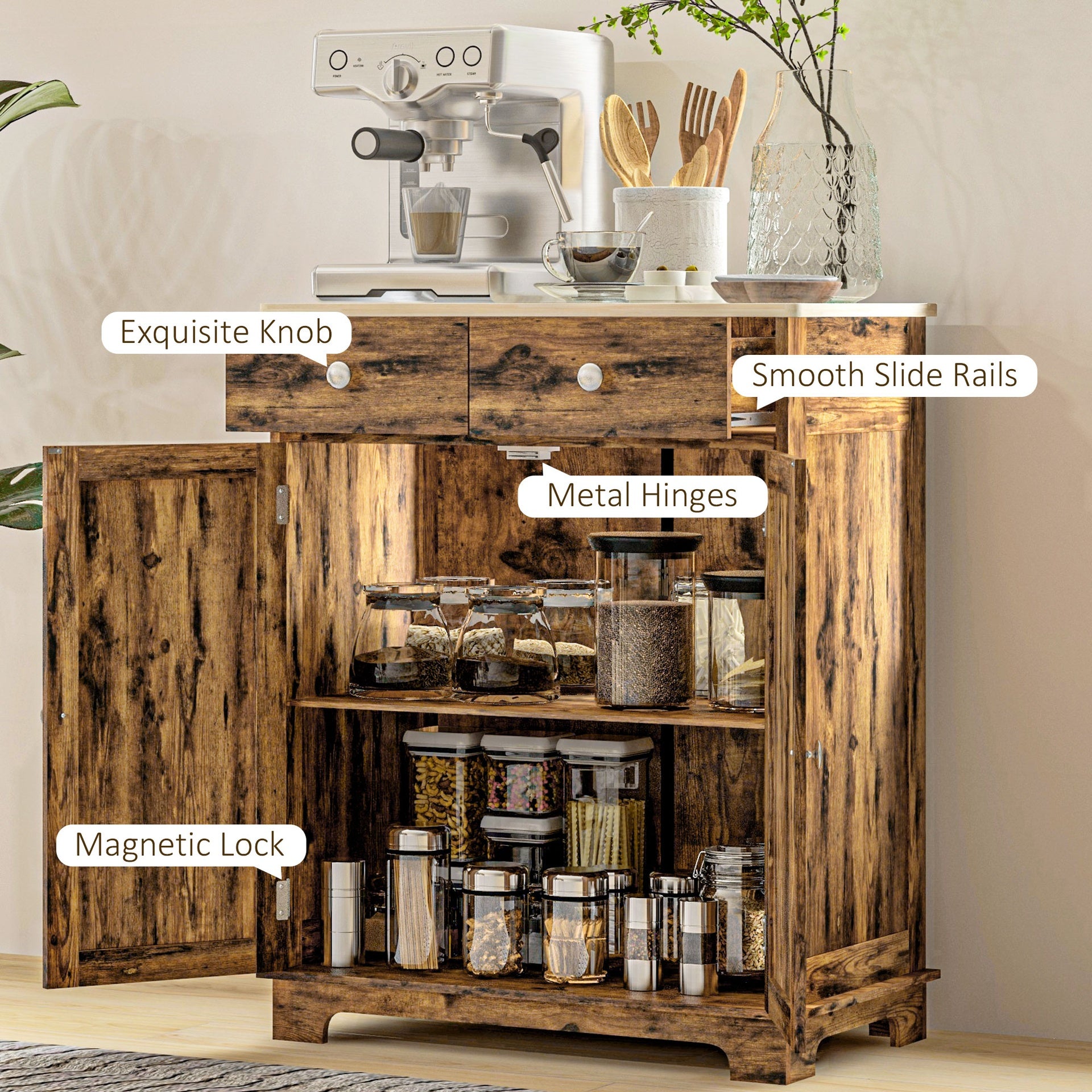 HOMCOM Kitchen Storage Cabinet, Sideboard Floor Cupboard with Solid Wood Top, Adjustable Shelf, and 2 Drawers, Brown