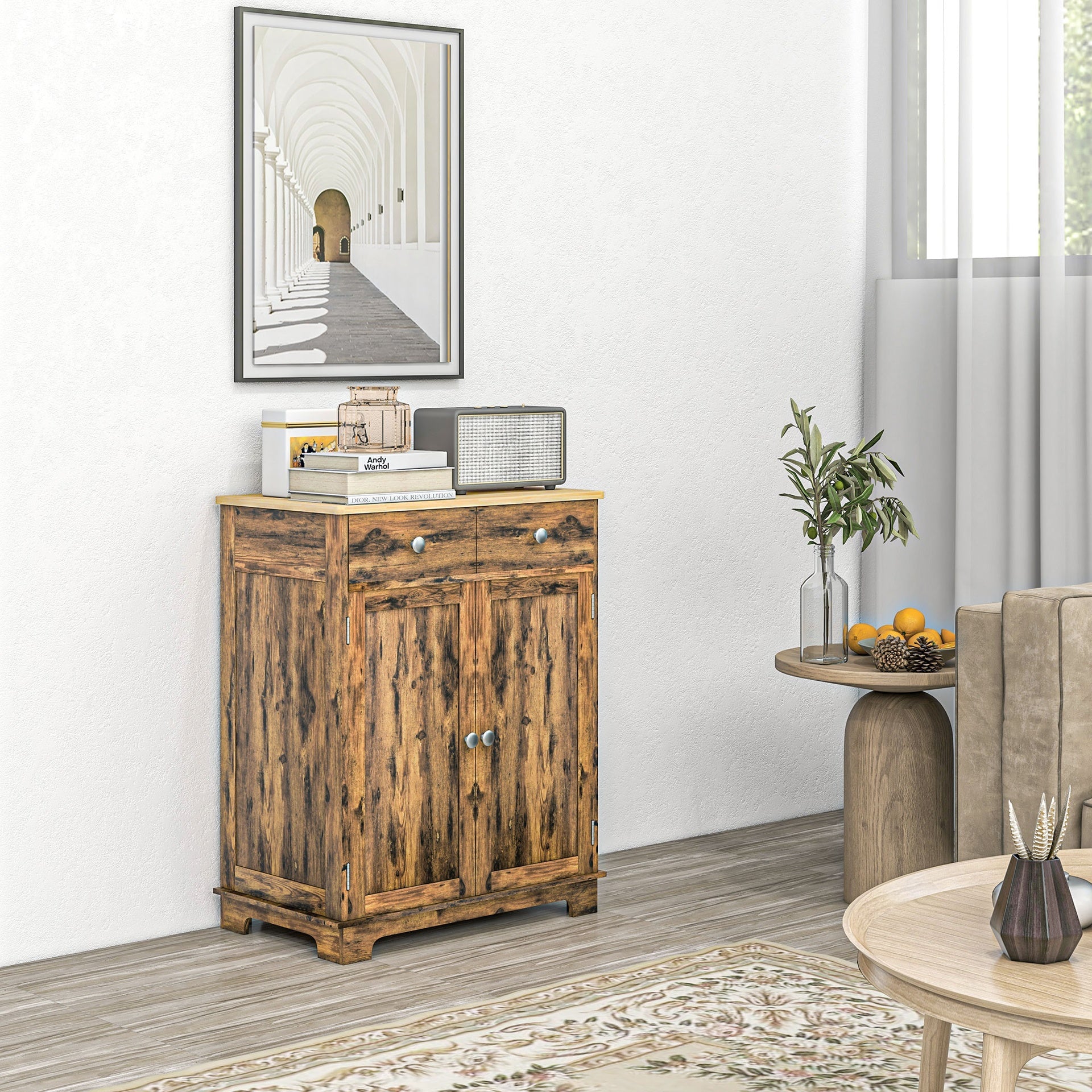 HOMCOM Kitchen Storage Cabinet, Sideboard Floor Cupboard with Solid Wood Top, Adjustable Shelf, and 2 Drawers, Brown
