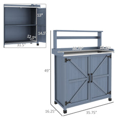 Outsunny Outdoor Wooden Potting Bench with Storage Cabinet, Shelves, Galvanized Plated Tabletop for Backyard, Balcony, Gray