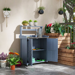 Outsunny Outdoor Wooden Potting Bench with Storage Cabinet, Shelves, Galvanized Plated Tabletop for Backyard, Balcony, Gray