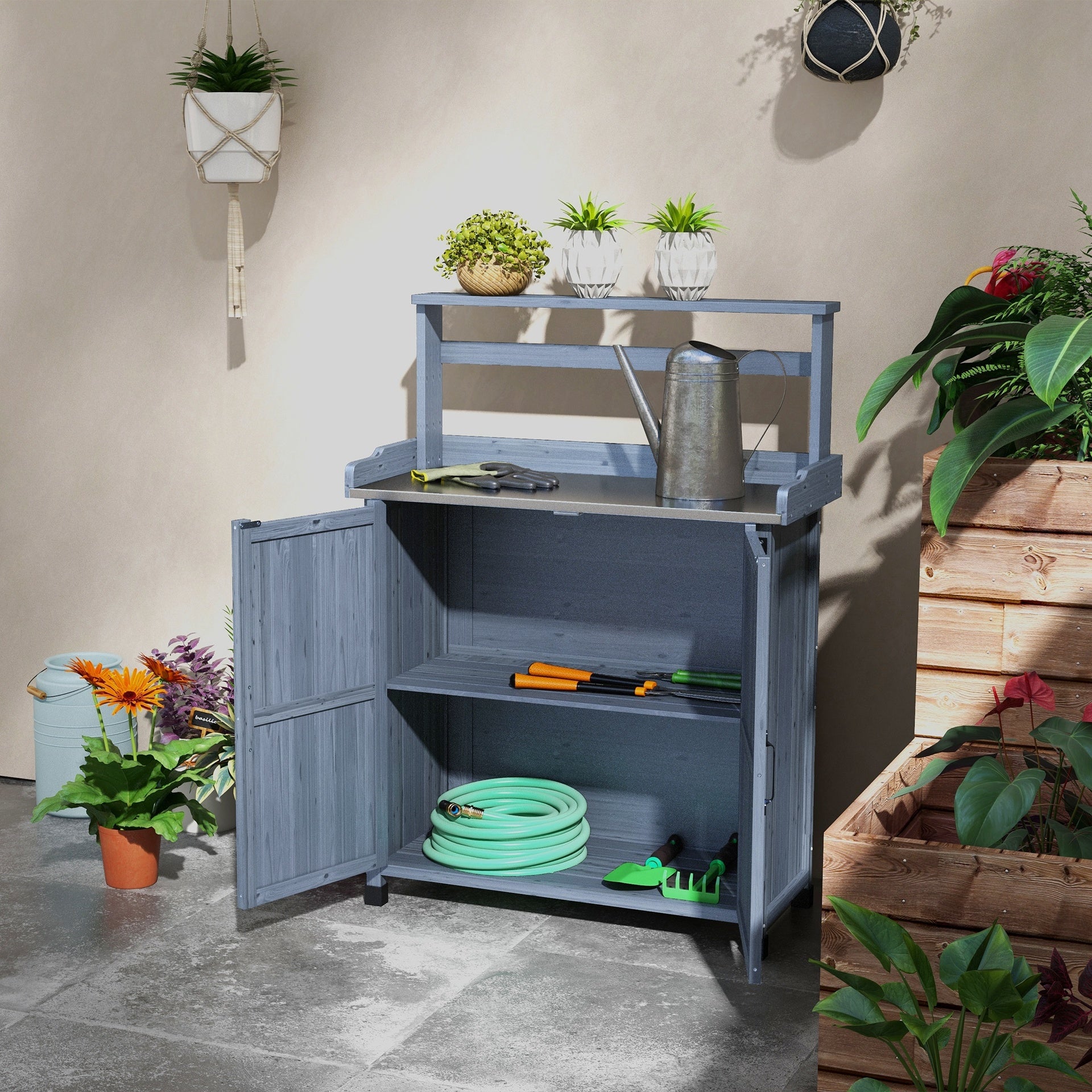 Outsunny Outdoor Wooden Potting Bench with Storage Cabinet, Shelves, Galvanized Plated Tabletop for Backyard, Balcony, Gray