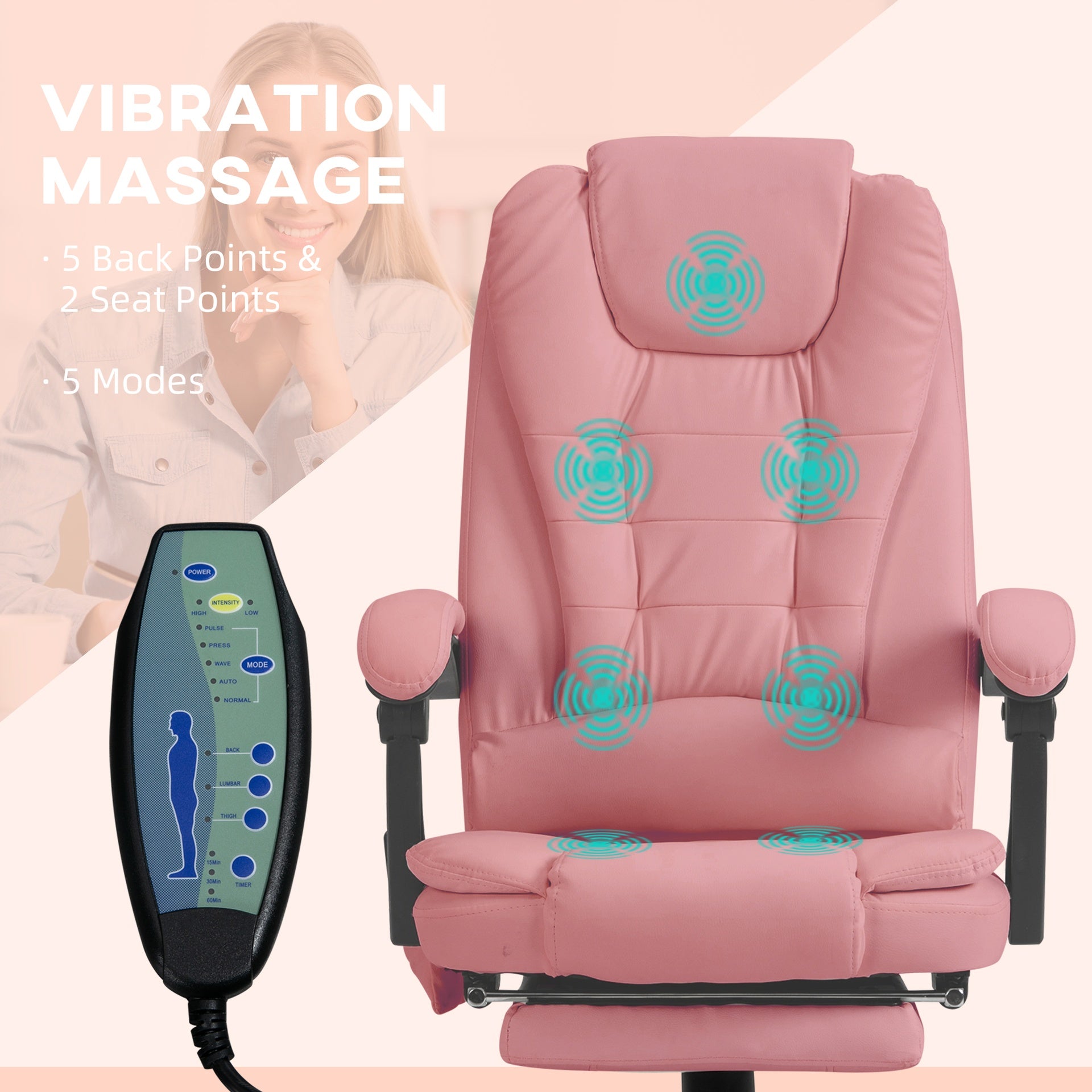 Vinsetto 7-Point Vibrating Massage Office Chair High Back Massaging Office Desk Chair with Lumbar Support, Footrest, Pink