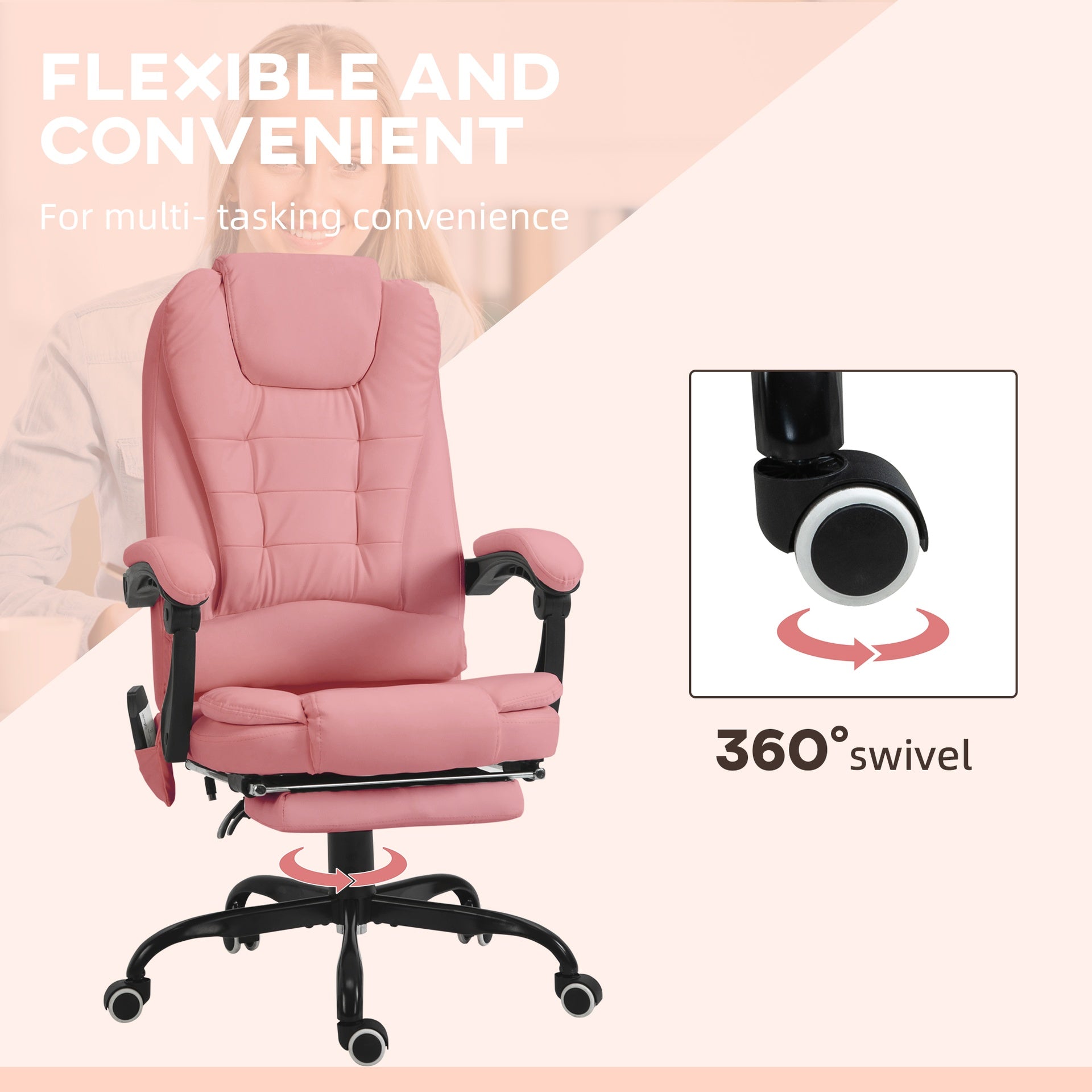 Vinsetto 7-Point Vibrating Massage Office Chair High Back Massaging Office Desk Chair with Lumbar Support, Footrest, Pink