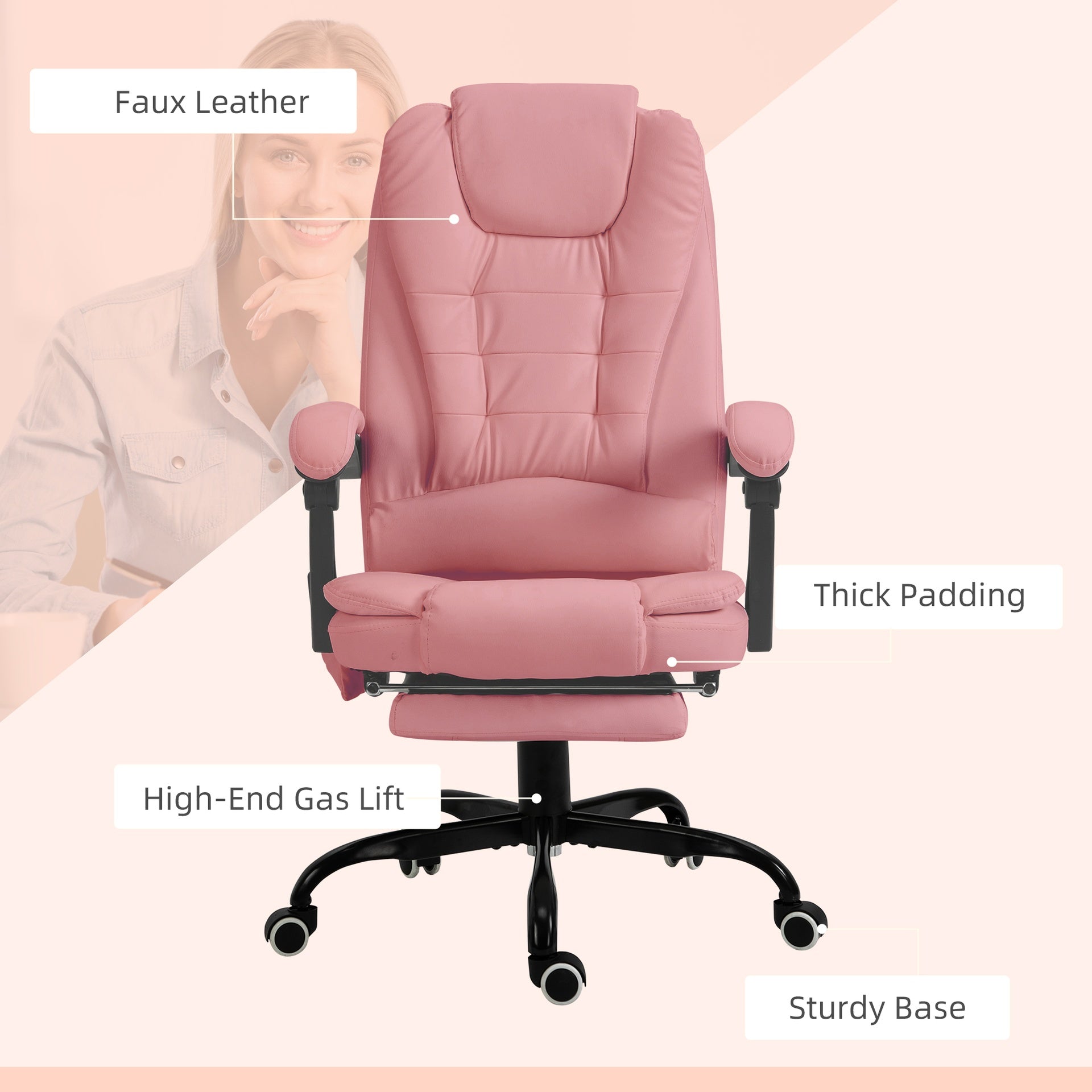 Vinsetto 7-Point Vibrating Massage Office Chair High Back Massaging Office Desk Chair with Lumbar Support, Footrest, Pink