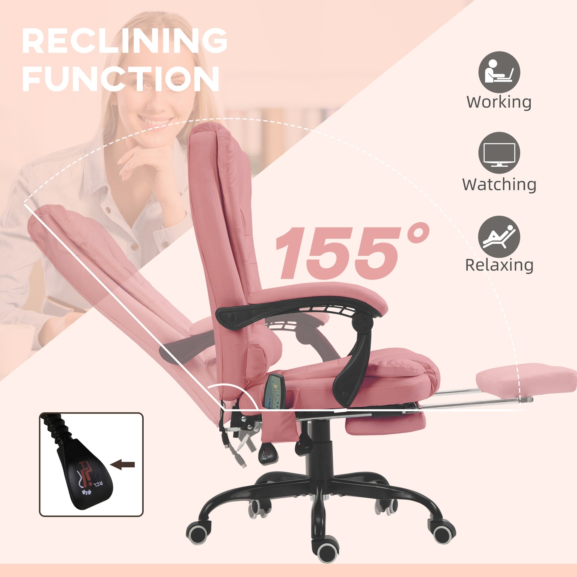 Vinsetto 7-Point Vibrating Massage Office Chair High Back Massaging Office Desk Chair with Lumbar Support, Footrest, Pink