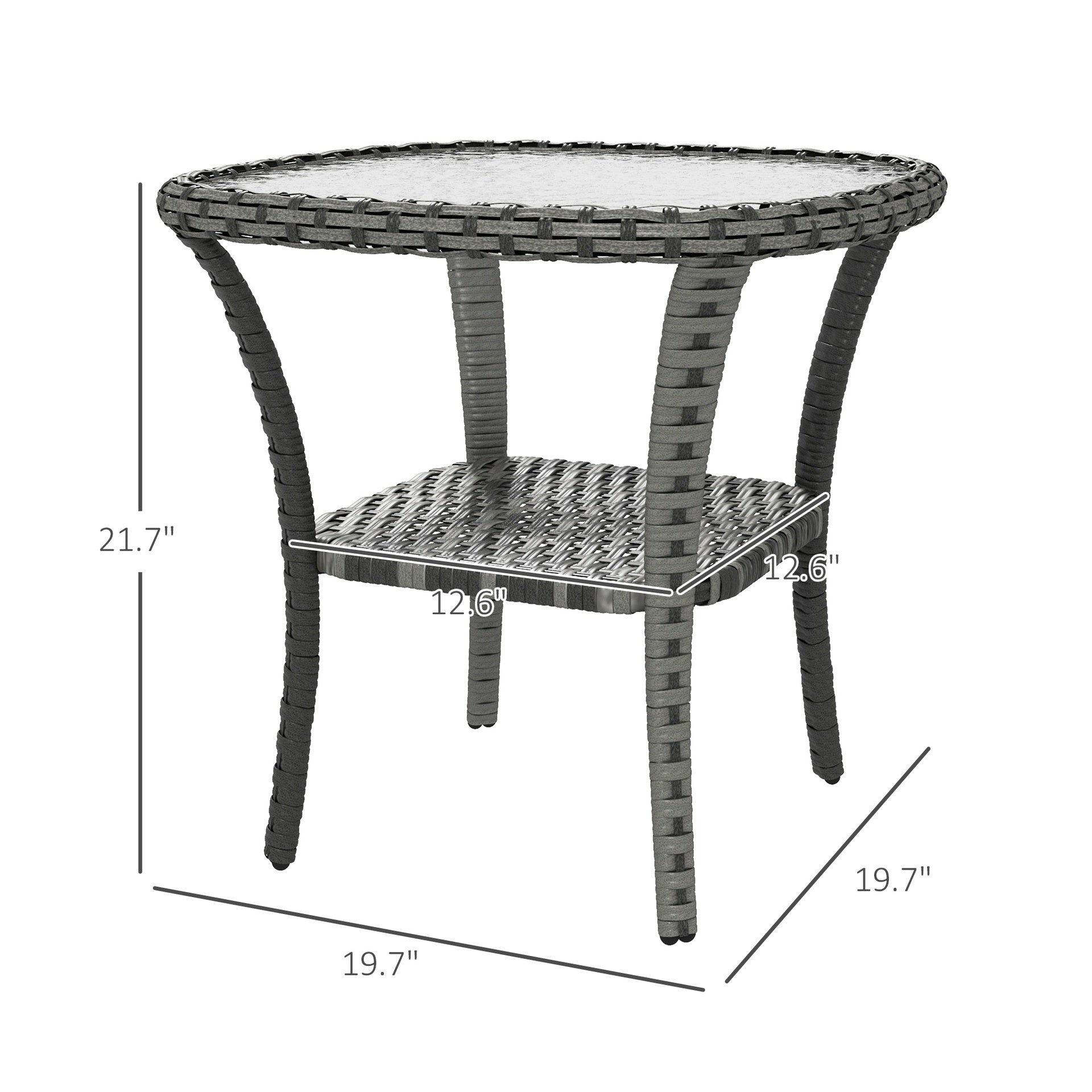 Outsunny Outdoor Coffee Table with Storage Shelf, Hand-Woven Wicker Side Table with Water-Ripple Glass Top, Mix Gray
