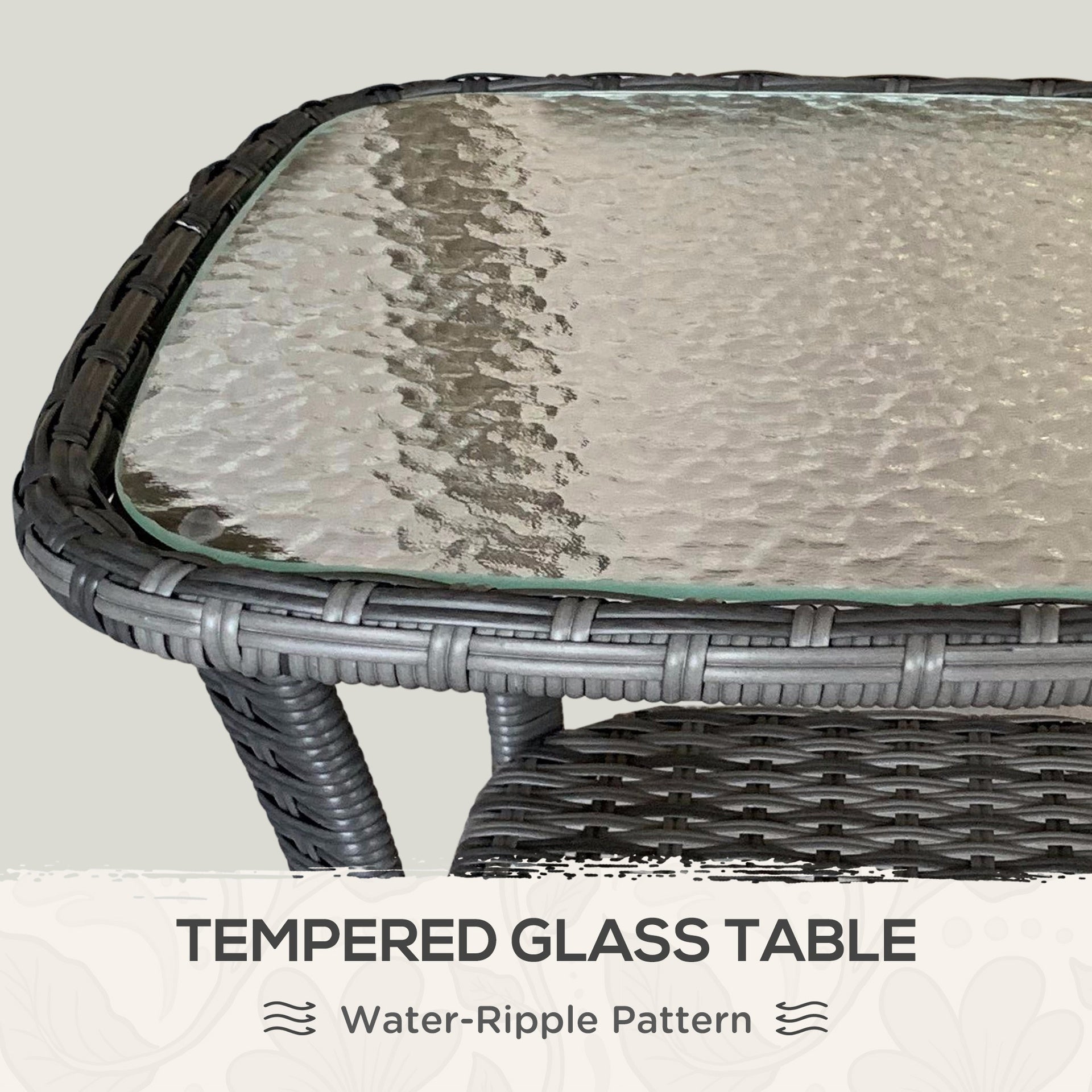 Outsunny Outdoor Coffee Table with Storage Shelf, Hand-Woven Wicker Side Table with Water-Ripple Glass Top, Mix Gray
