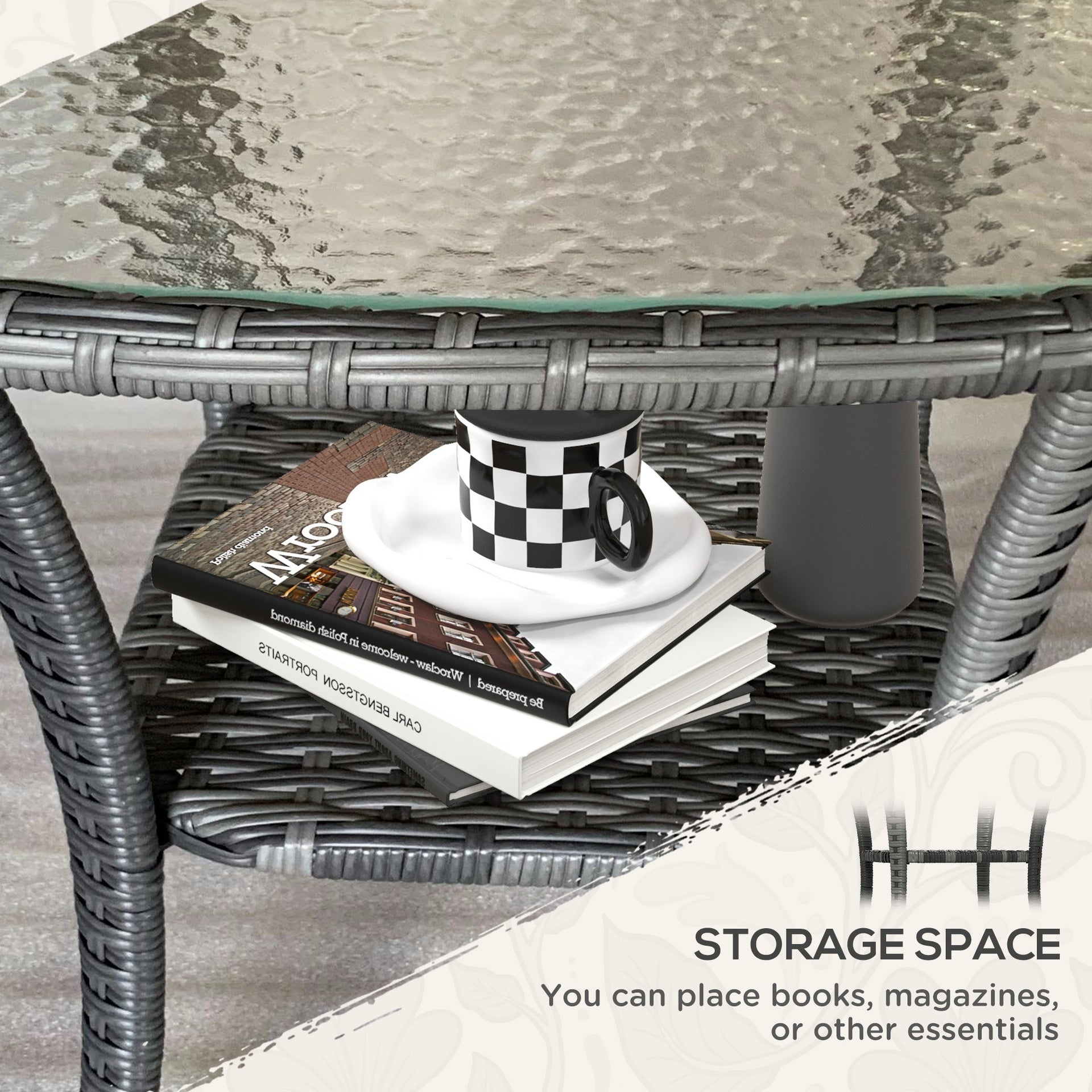 Outsunny Outdoor Coffee Table with Storage Shelf, Hand-Woven Wicker Side Table with Water-Ripple Glass Top, Mix Gray