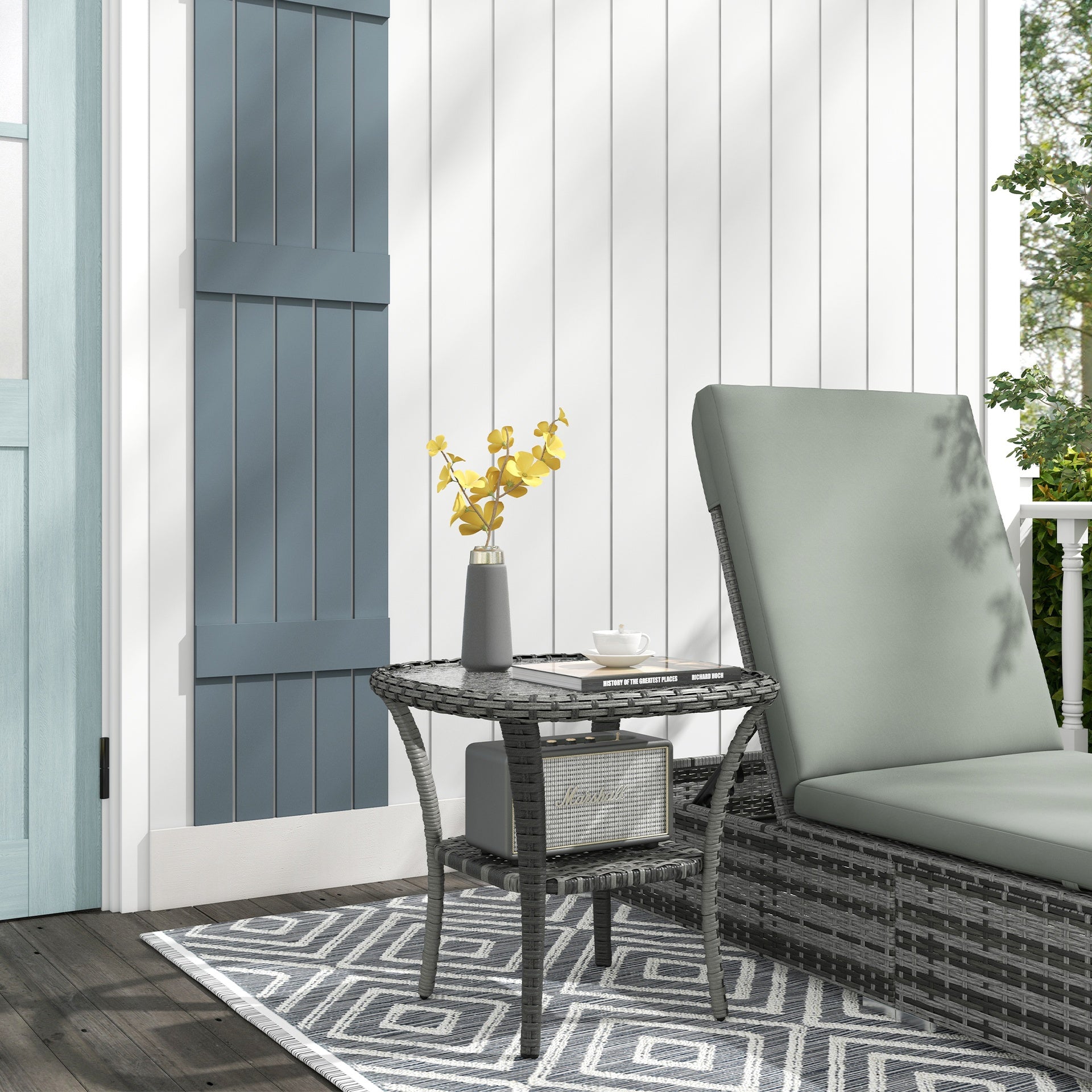 Outsunny Outdoor Coffee Table with Storage Shelf, Hand-Woven Wicker Side Table with Water-Ripple Glass Top, Mix Gray
