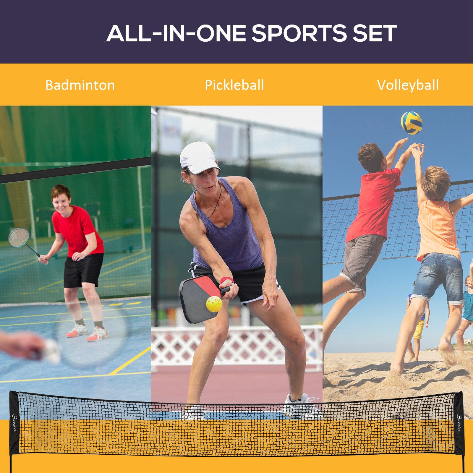 Soozier All-in-1 Badminton Set, Height Adjustable for Pickleball, Volleyball, Badminton, Backyard, Beach, Driveway Game