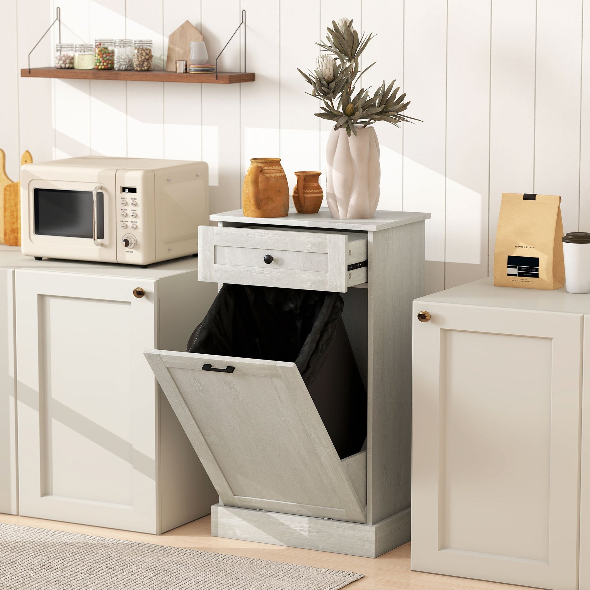 HOMCOM Kitchen Tilt Out Trash Bin Cabinet Free Standing Storage Cabinet with Drawer, Light Gray