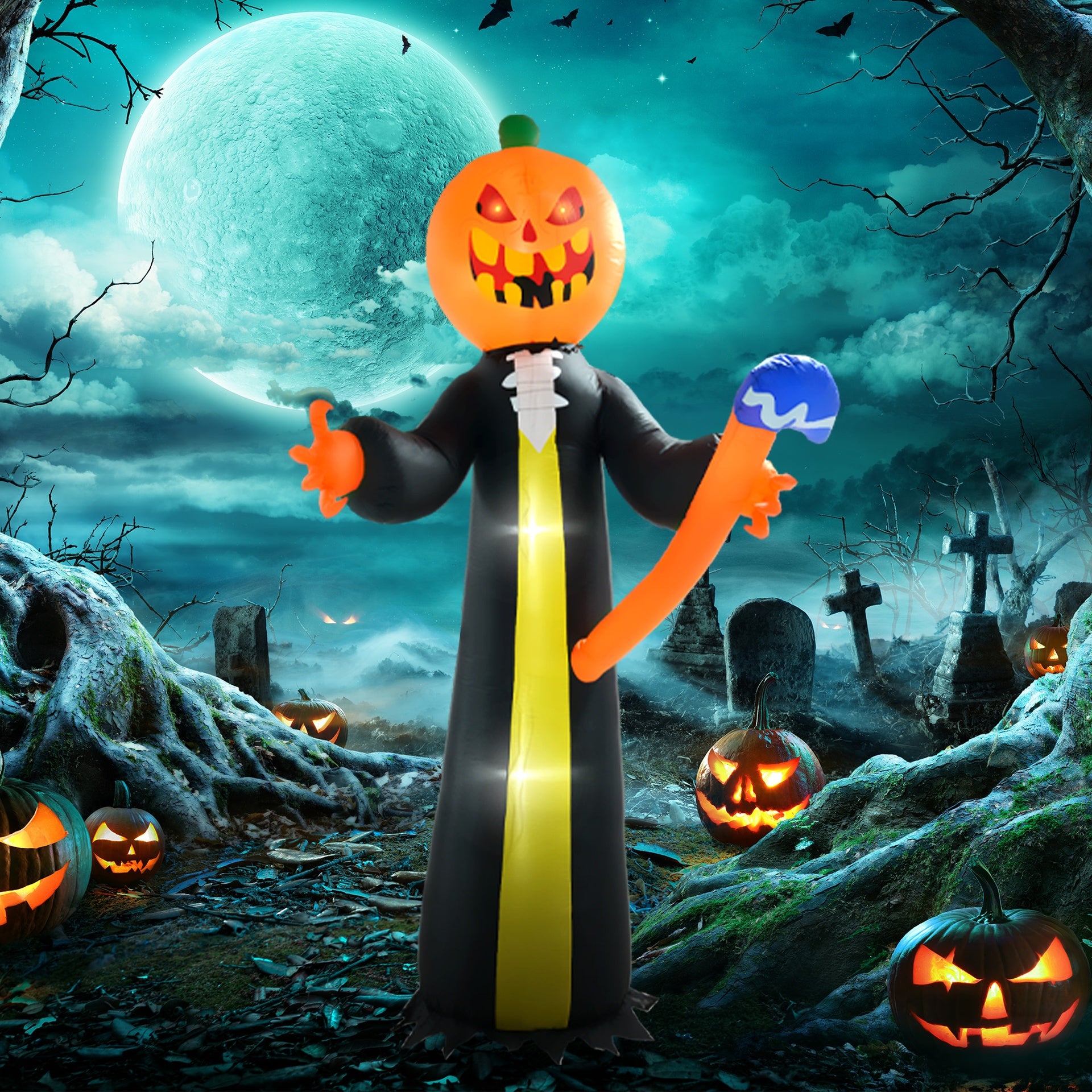 HOMCOM 10ft Inflatable Halloween Pumpkin Head Ghost with Hammer, Blow Up LED  Display for Garden Indoor Outdoor
