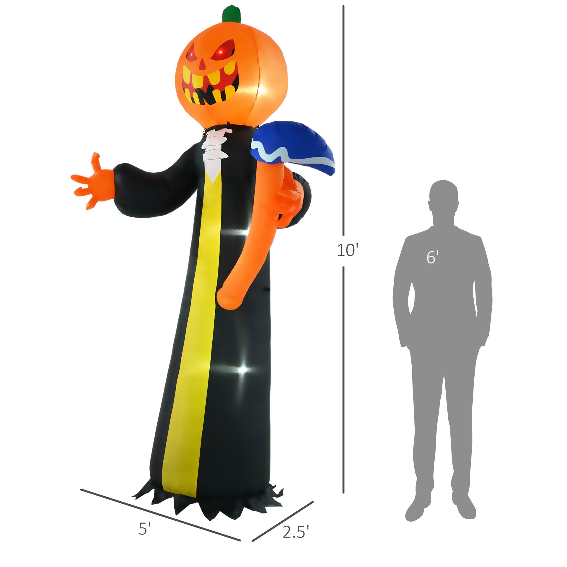 HOMCOM 10ft Inflatable Halloween Pumpkin Head Ghost with Hammer, Blow Up LED  Display for Garden Indoor Outdoor