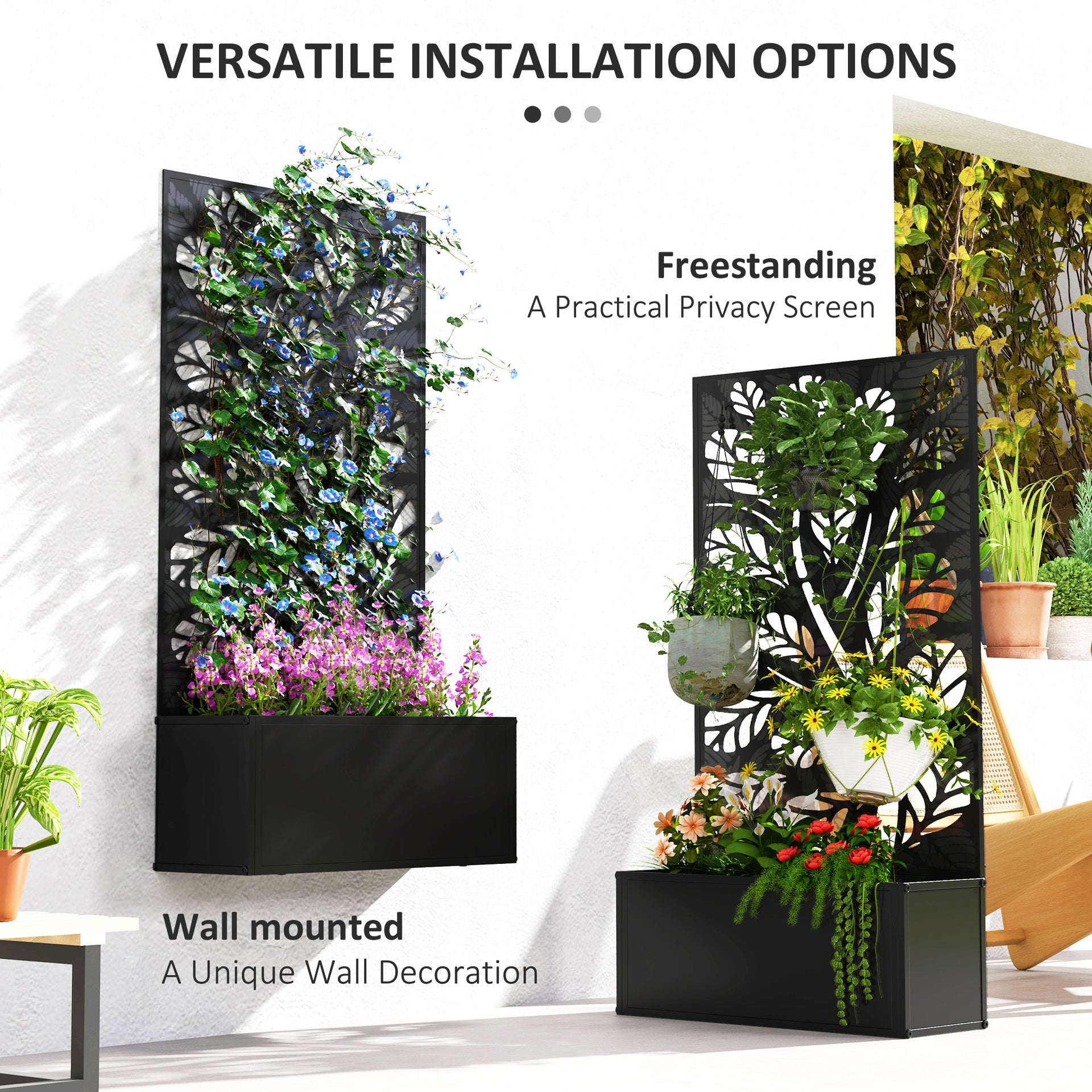 Outsunny Metal Garden Bed with Trellis for Climbing Plants, Freestanding or Wall Mounted Flower Bed for Garden, Patio, Balcony