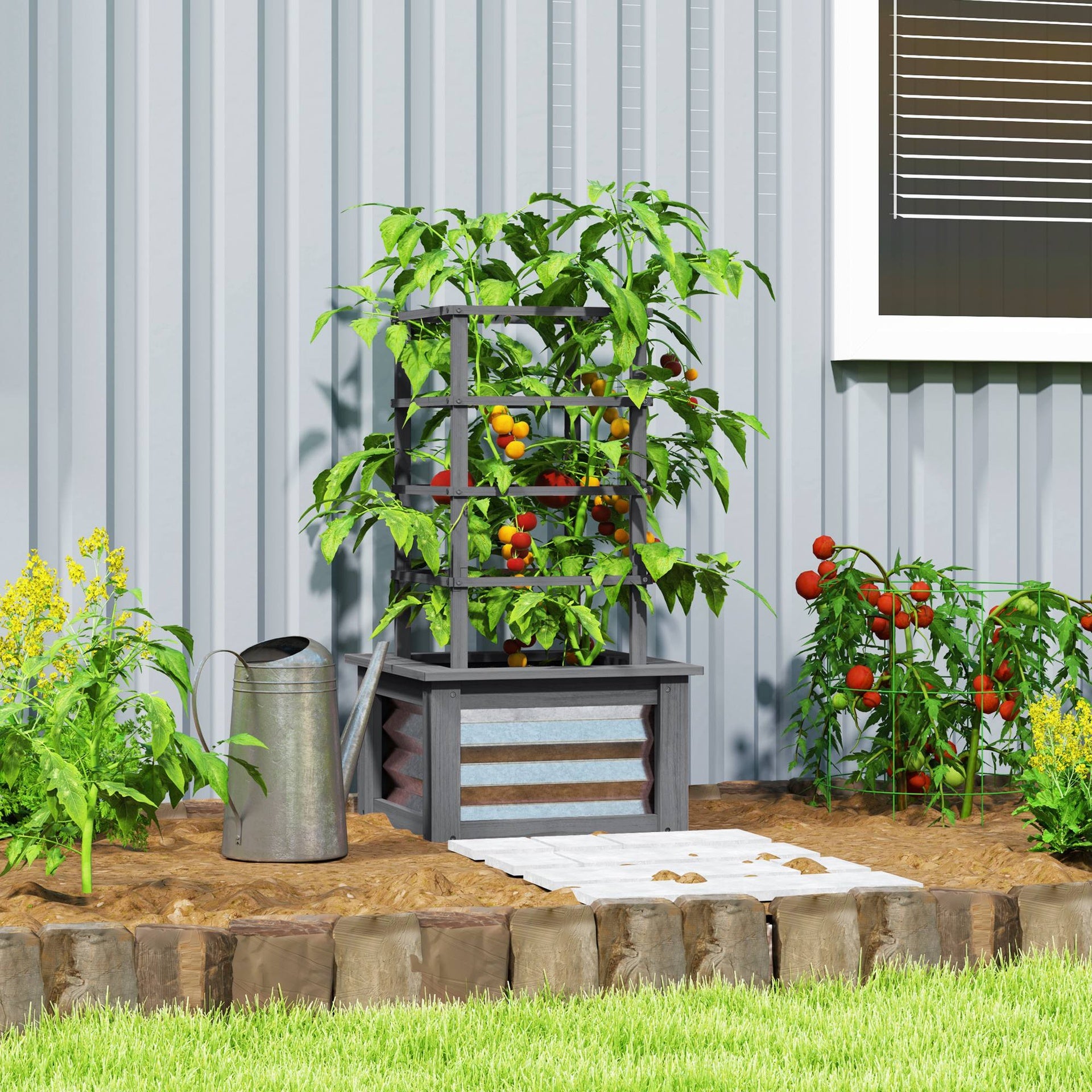 Outsunny Wooden Raised Garden Bed with Trellis, Galvanized Planter Box Elevated Garden Bed for Garden, Patio, Gray