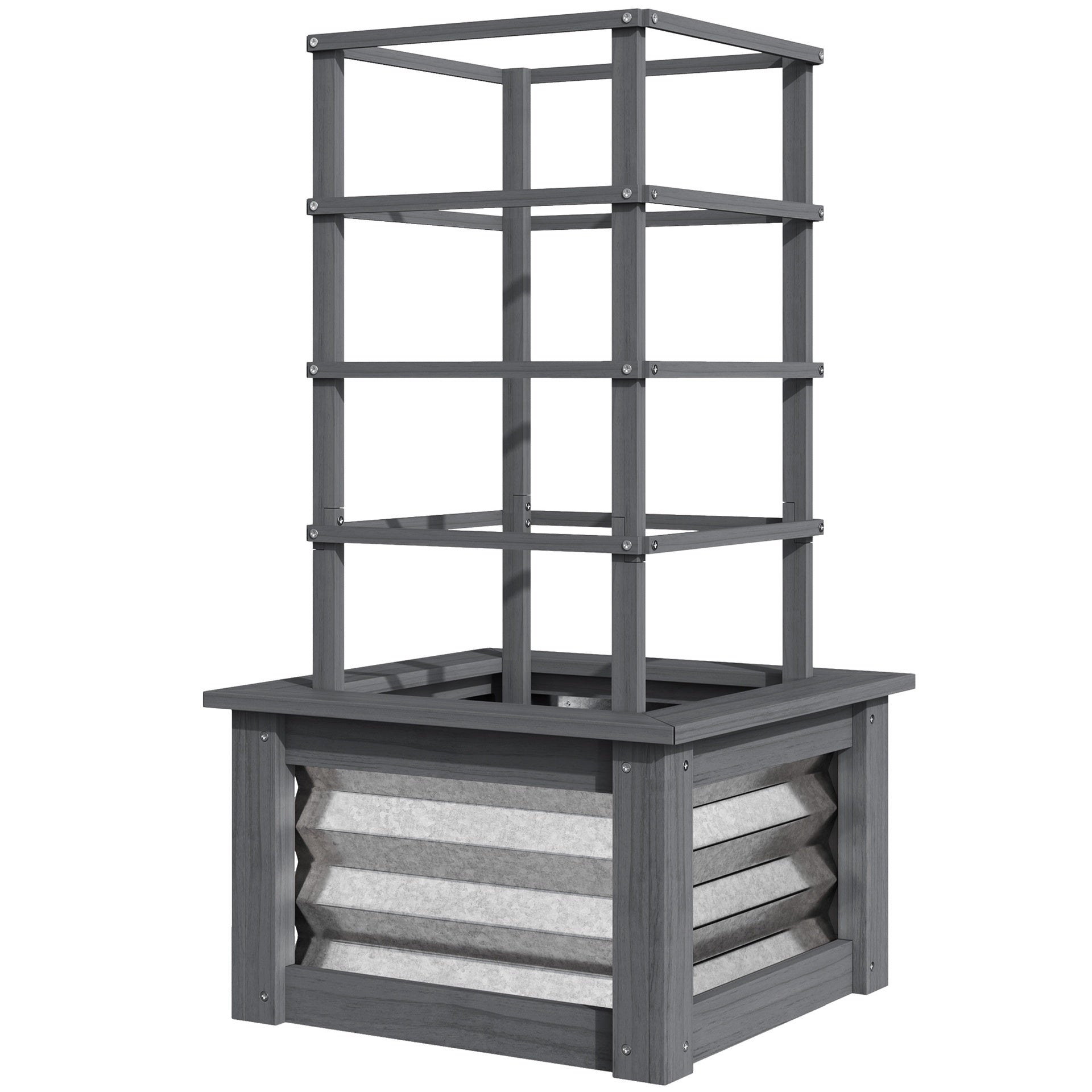 Outsunny Wooden Raised Garden Bed with Trellis, Galvanized Planter Box Elevated Garden Bed for Garden, Patio, Gray