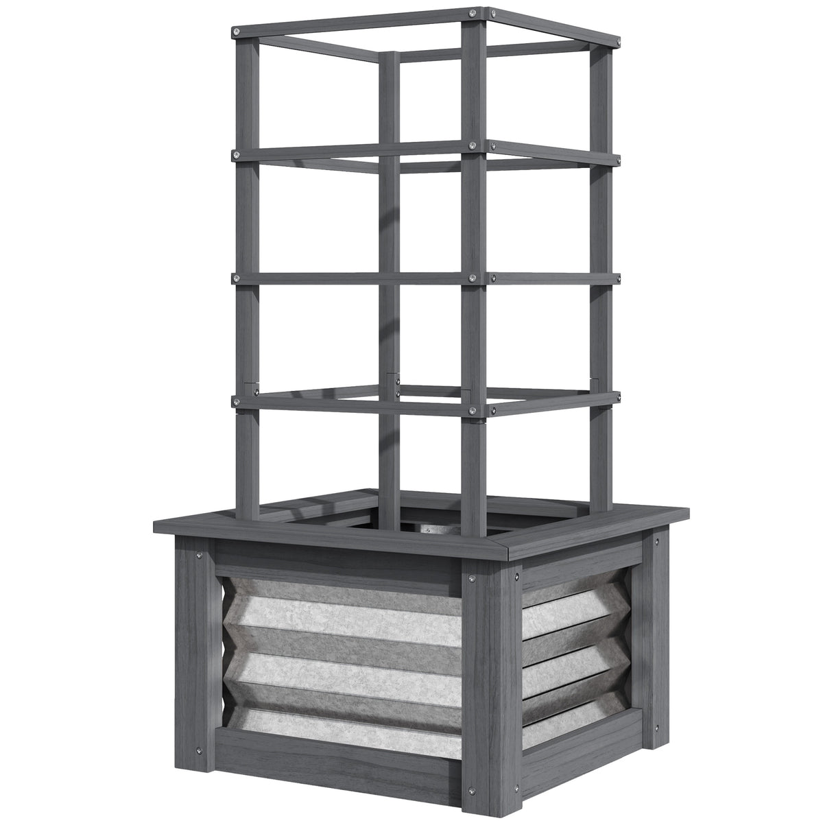 Outsunny Wooden Raised Garden Bed with Trellis, Galvanized Planter Box Elevated Garden Bed for Garden, Patio, Gray