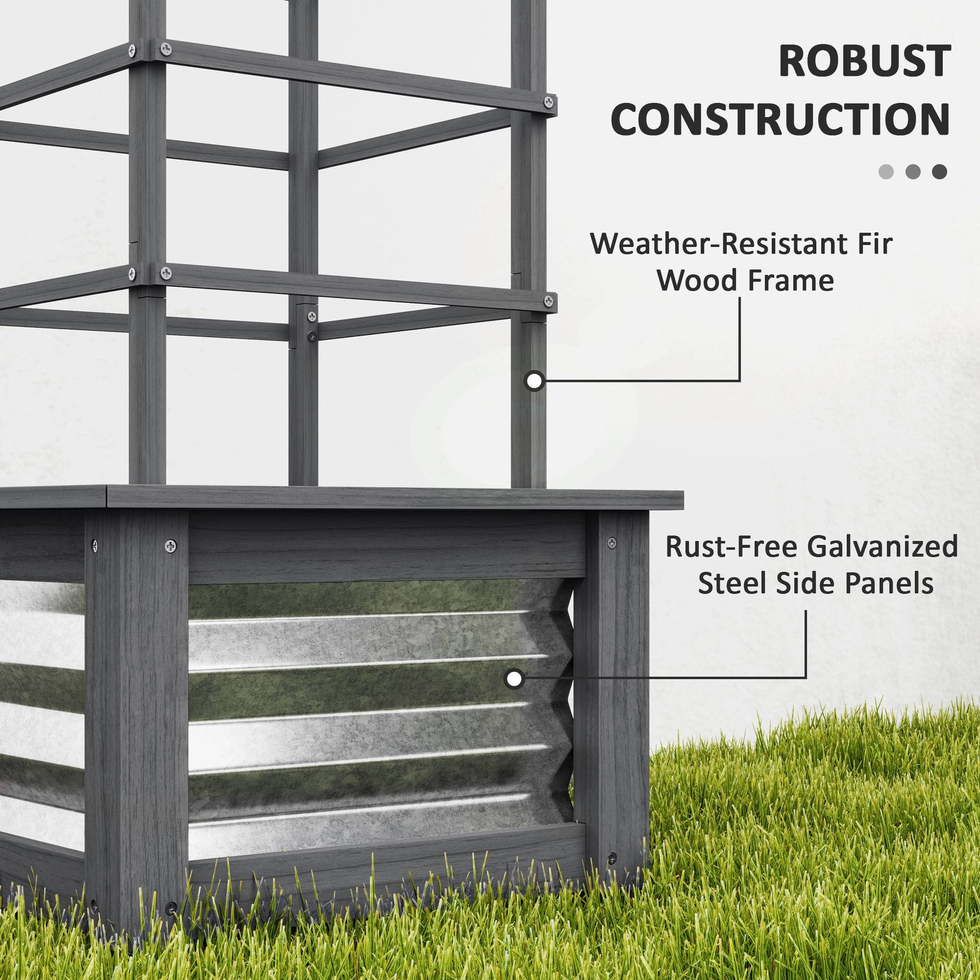 Outsunny Wooden Raised Garden Bed with Trellis, Galvanized Planter Box Elevated Garden Bed for Garden, Patio, Gray