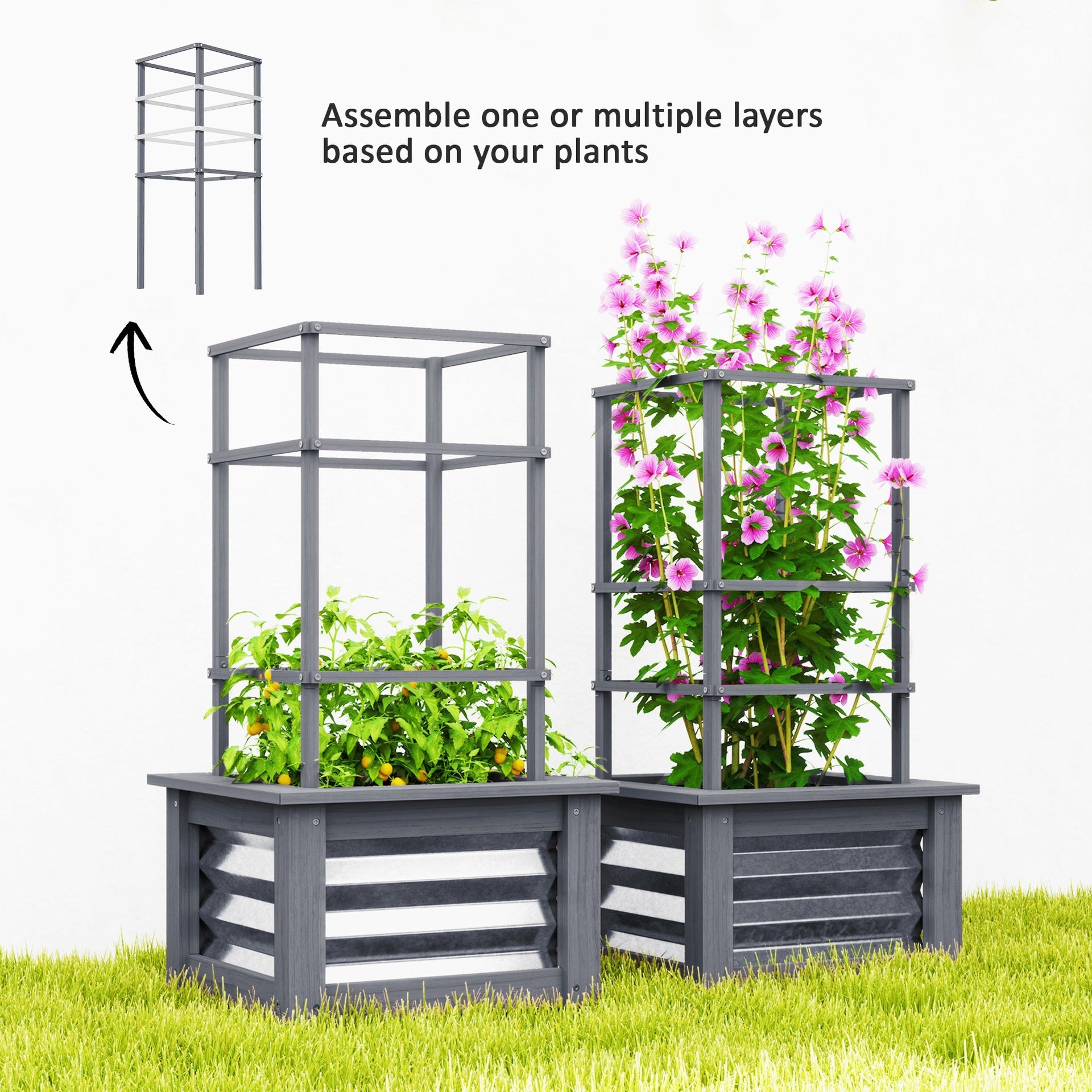 Outsunny Wooden Raised Garden Bed with Trellis, Galvanized Planter Box Elevated Garden Bed for Garden, Patio, Gray