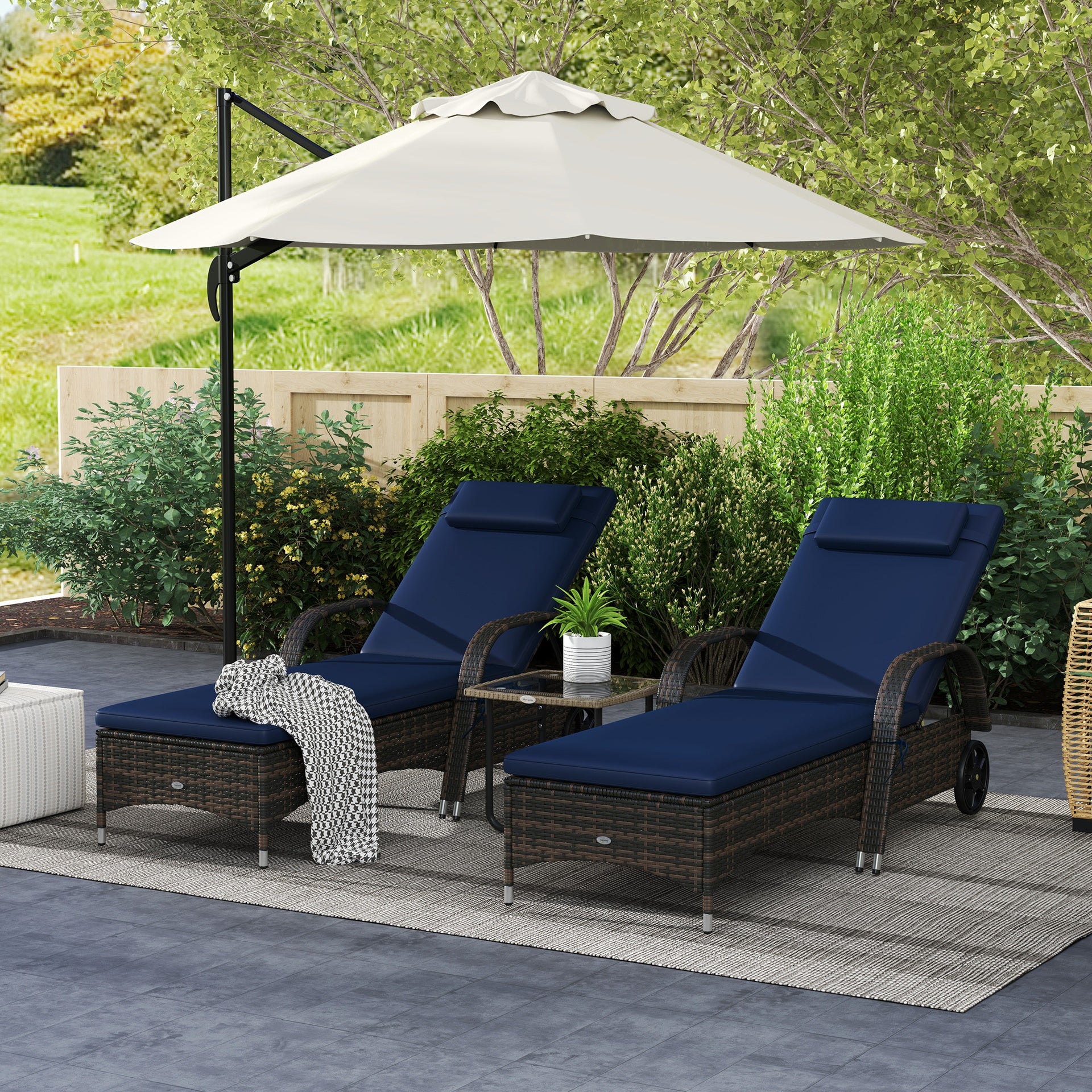Outsunny 2 Reclining Chaise Lounge Chairs, Rolling Outdoor Chairs with Cushion, Pillow, Headrest, Armrests, and Wheels, Dark Blue