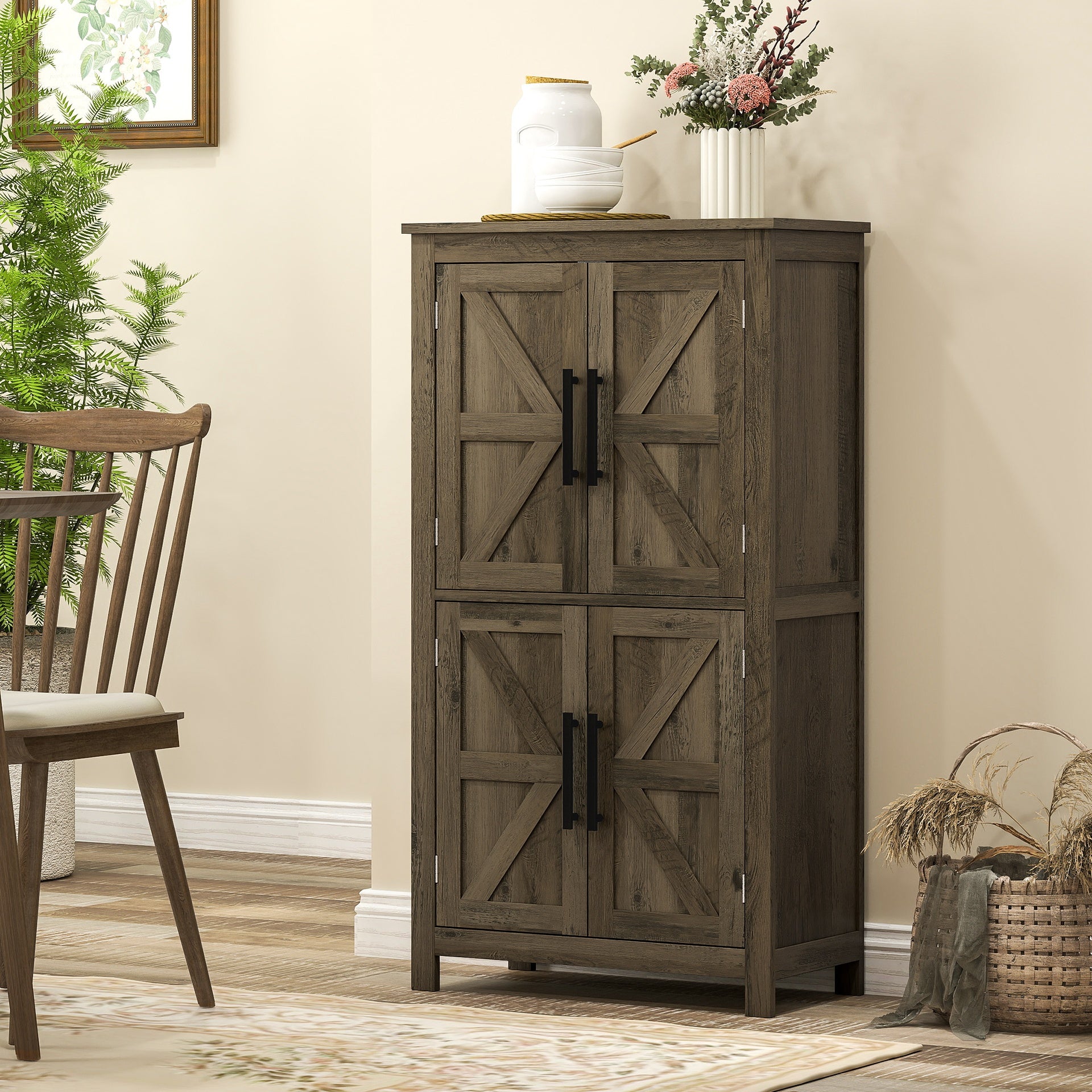 HOMCOM Bathroom Floor Storage Cabinet, Farmhouse Bathroom Cabinet with 4 Doors and Adjustable Shelf, Brown