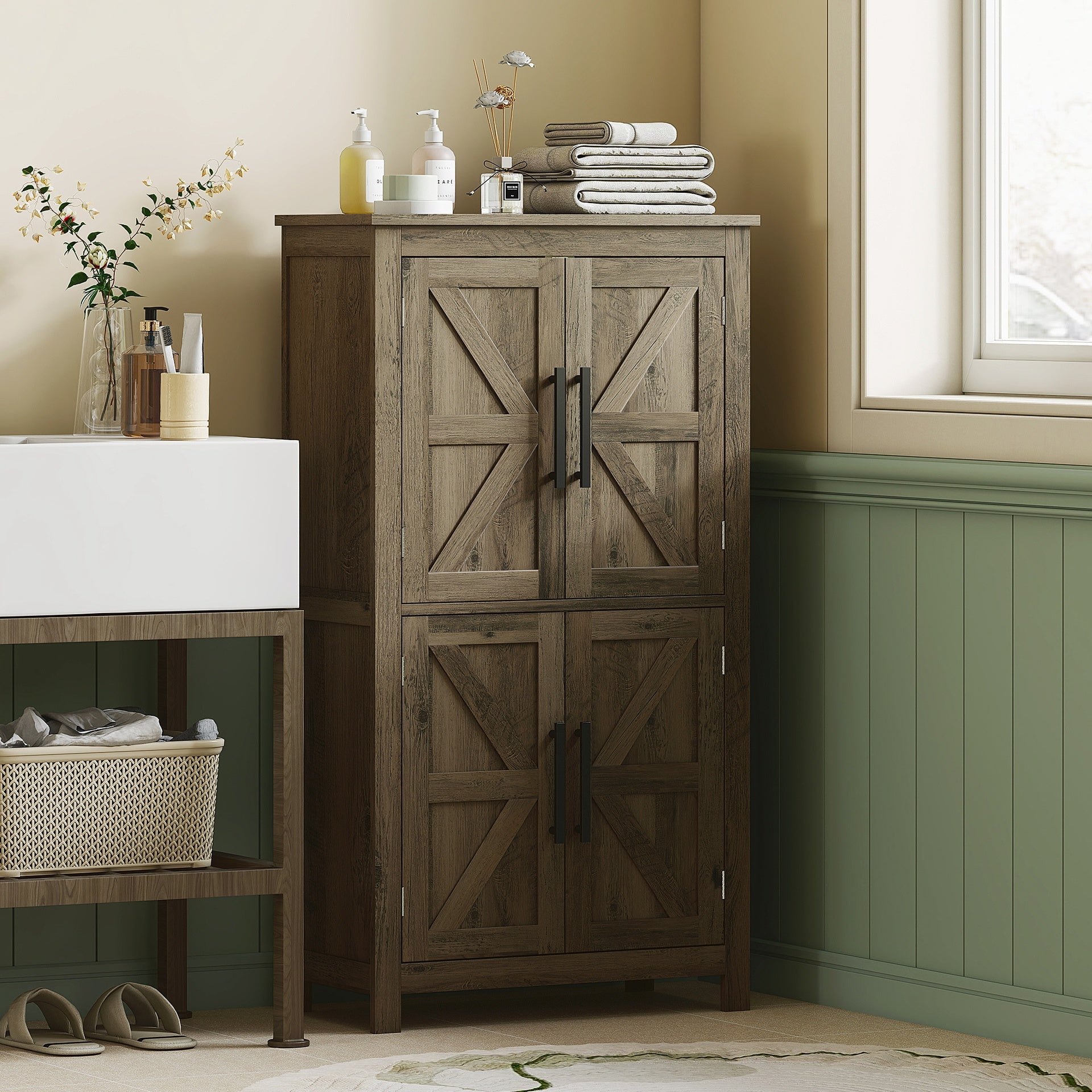 HOMCOM Bathroom Floor Storage Cabinet, Farmhouse Bathroom Cabinet with 4 Doors and Adjustable Shelf, Brown