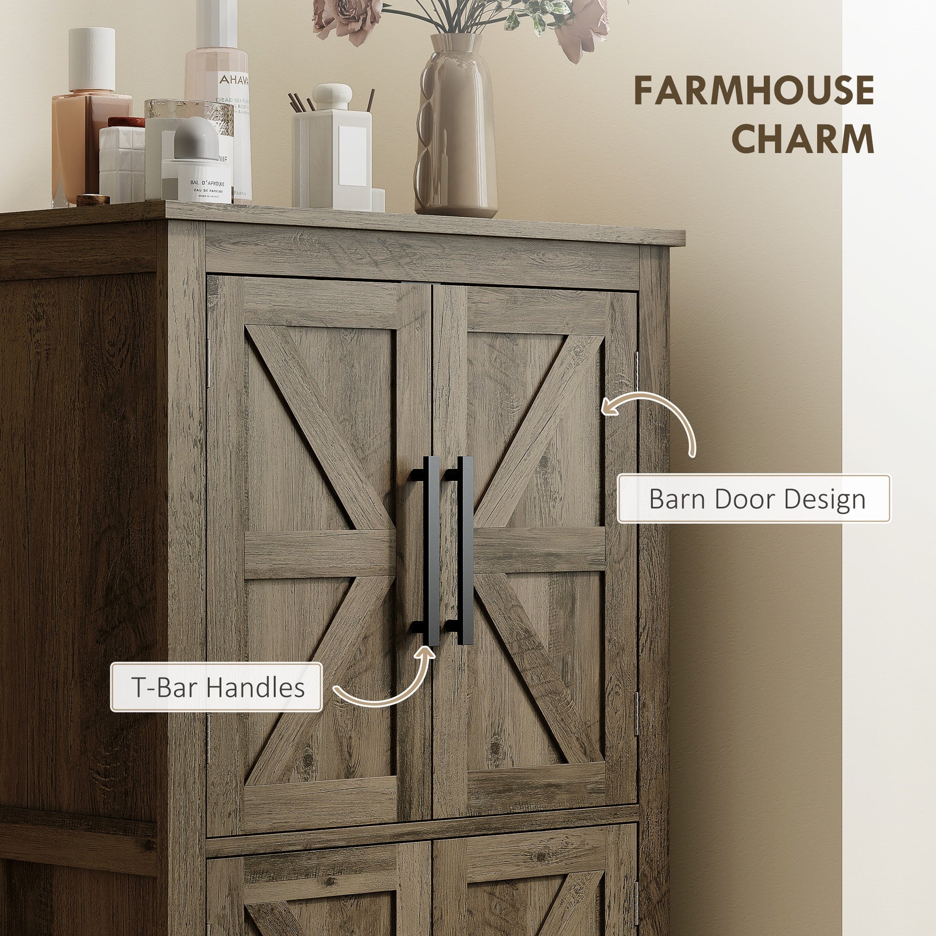 HOMCOM Bathroom Floor Storage Cabinet, Farmhouse Bathroom Cabinet with 4 Doors and Adjustable Shelf, Brown