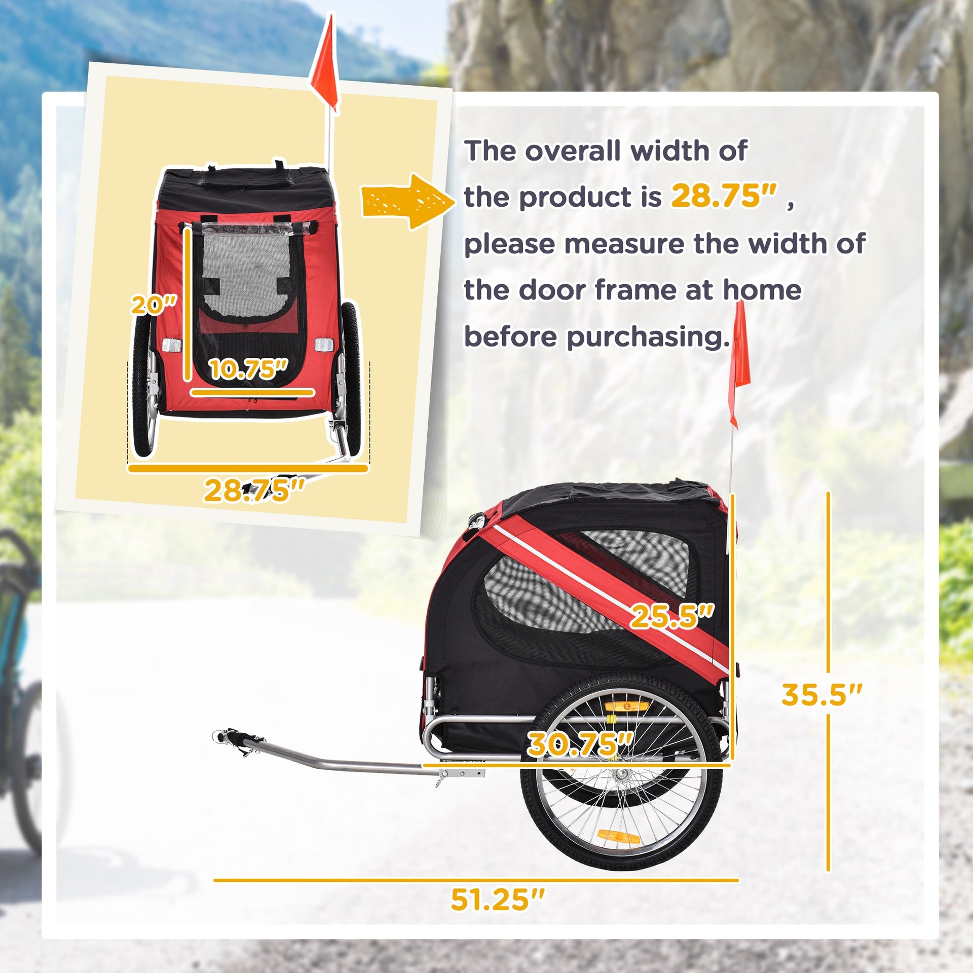 Aosom Dog Bike Trailer, Pet Wagon Bicycle Trailer with Easy Folding Cart Frame, 20" Large Rubber Wheels, 3 Entrances, Mesh Screen, Pet Bike Trailer for Off-Road & Travel, Red and Black