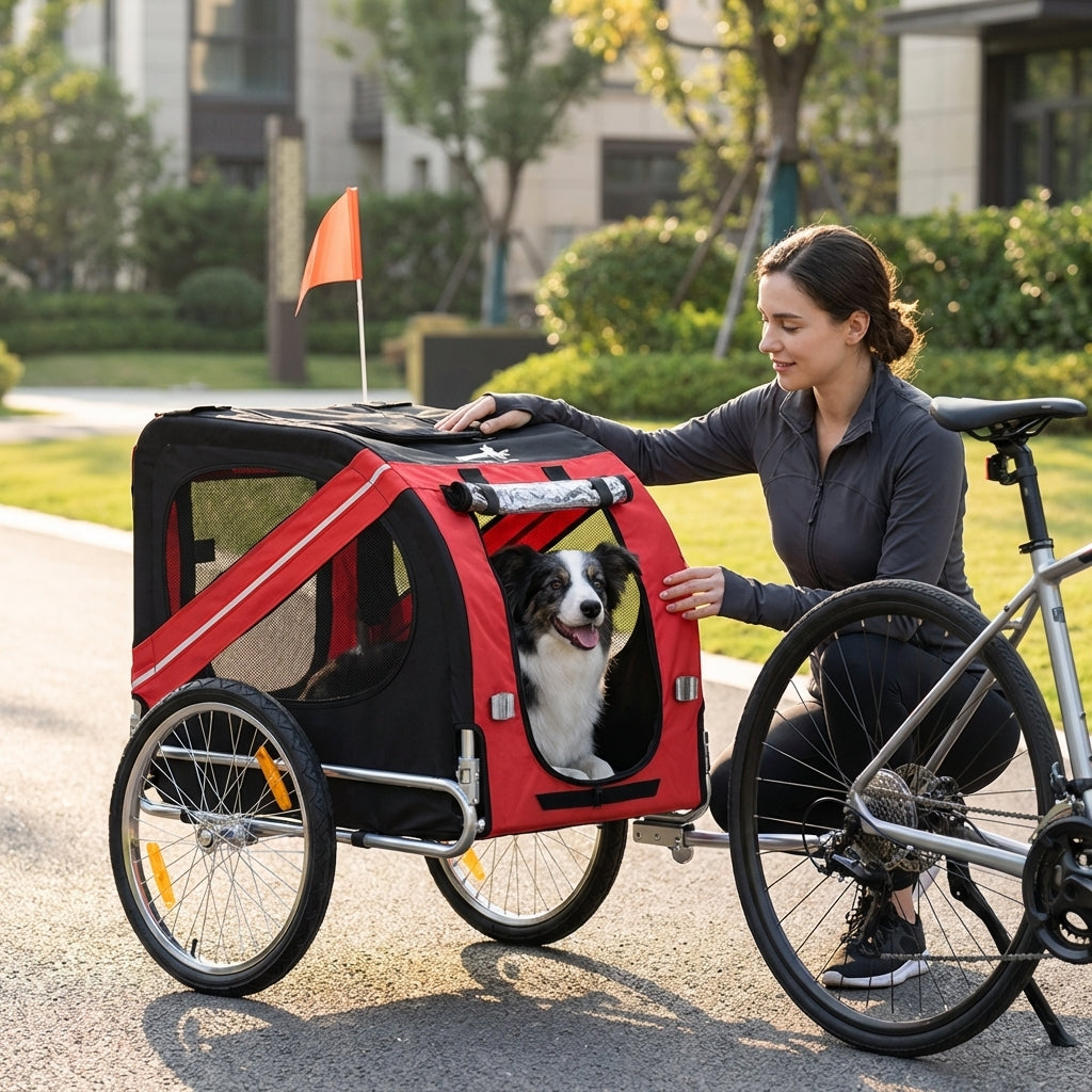 Aosom Dog Bike Trailer, Pet Wagon Bicycle Trailer with Easy Folding Cart Frame, 20" Large Rubber Wheels, 3 Entrances, Mesh Screen, Pet Bike Trailer for Off-Road & Travel, Red and Black