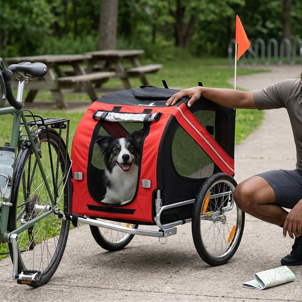 Aosom Dog Bike Trailer, Pet Wagon Bicycle Trailer with Easy Folding Cart Frame, 20" Large Rubber Wheels, 3 Entrances, Mesh Screen, Pet Bike Trailer for Off-Road & Travel, Red and Black