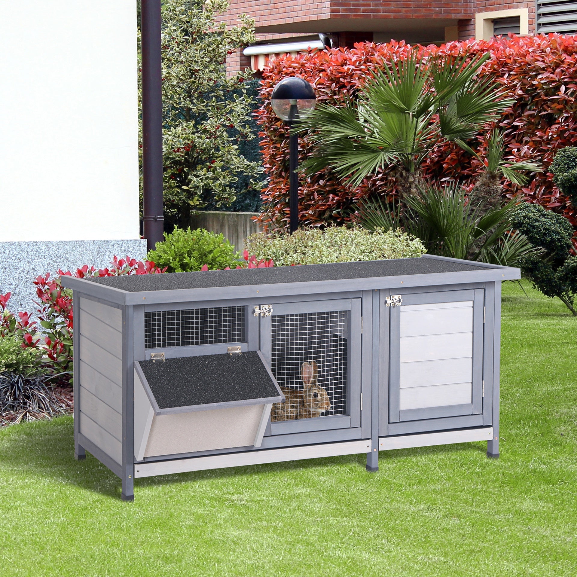 PawHut Wooden Rabbit Hutch Bunny Hutch Cage Guinea Pig with Waterproof Roof, No Leak Tray and Feeding Trough, for Rabbits, Chickens, Ducks, Indoor/Outdoor, Gray