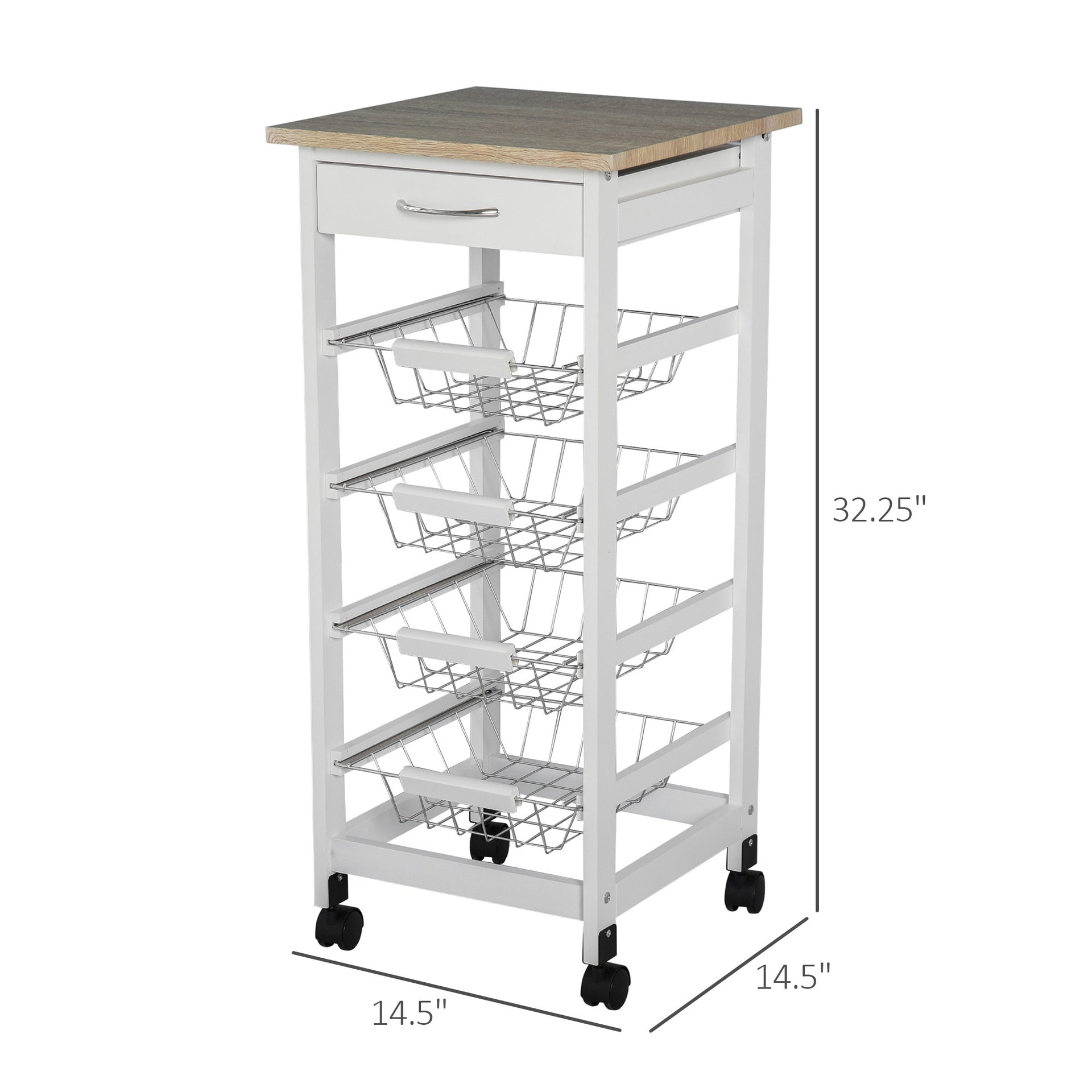 HOMCOM Mobile Kitchen Cart, Rolling Kitchen Island with Storage, Solid Wood Frame Utility Cart with Wire Fruit Baskets and Drawer, White