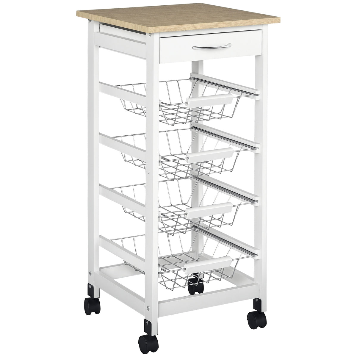 HOMCOM Mobile Kitchen Cart, Rolling Kitchen Island with Storage, Solid Wood Frame Utility Cart with Wire Fruit Baskets and Drawer, White