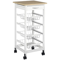 HOMCOM Mobile Kitchen Cart, Rolling Kitchen Island with Storage, Solid Wood Frame Utility Cart with Wire Fruit Baskets and Drawer, White