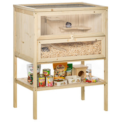 PawHut 3-Tier Wooden Hamster Cage Mice and Rat Cage Small Animals Hutch with Openable Top, Front Door, Shelf, Natural Wood