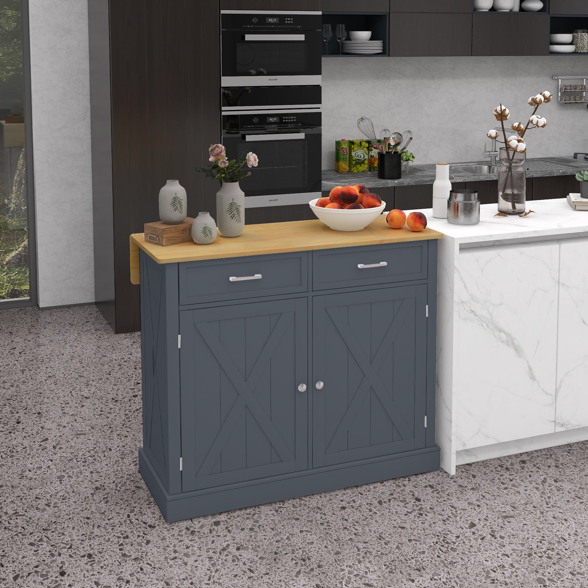 HOMCOM Rolling Kitchen Island with Drop Leaf Wood Breakfast Bar, Farmhouse Kitchen Cart with 2 Drawers, Adjustable Shelves for Dining Room, Dark Gray