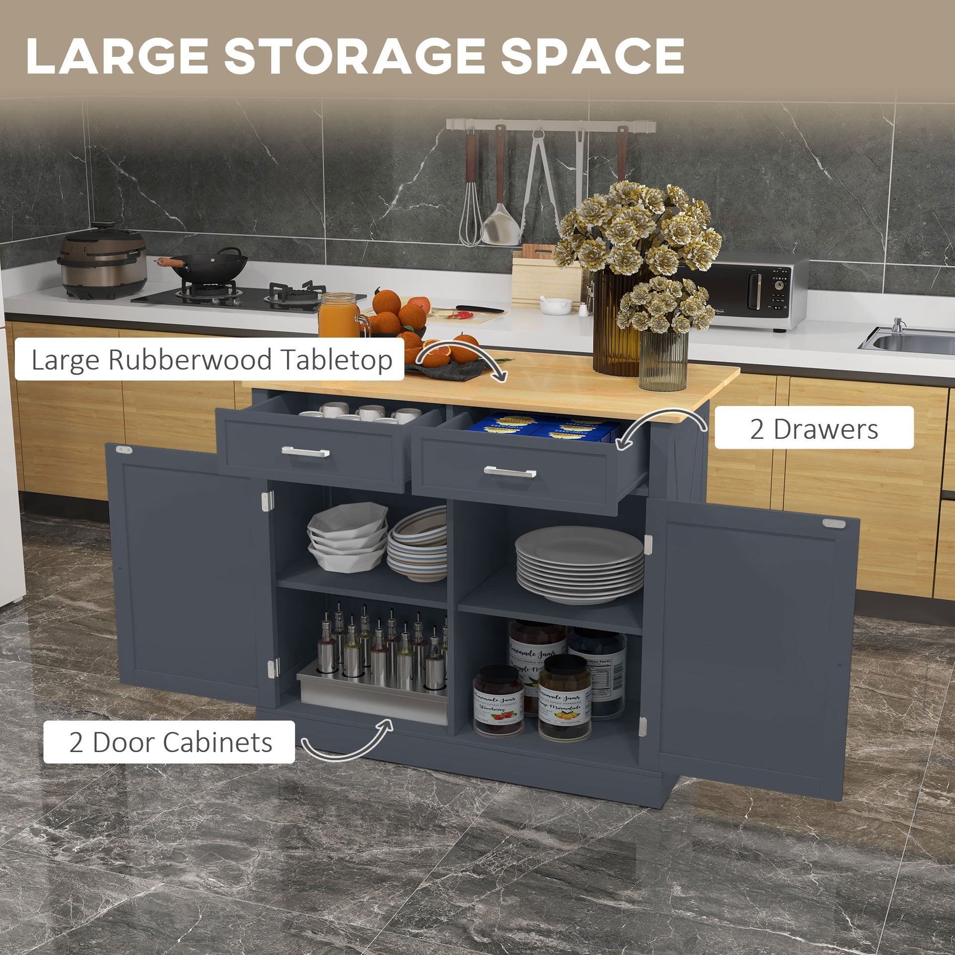HOMCOM Rolling Kitchen Island with Drop Leaf Wood Breakfast Bar, Farmhouse Kitchen Cart with 2 Drawers, Adjustable Shelves for Dining Room, Dark Gray