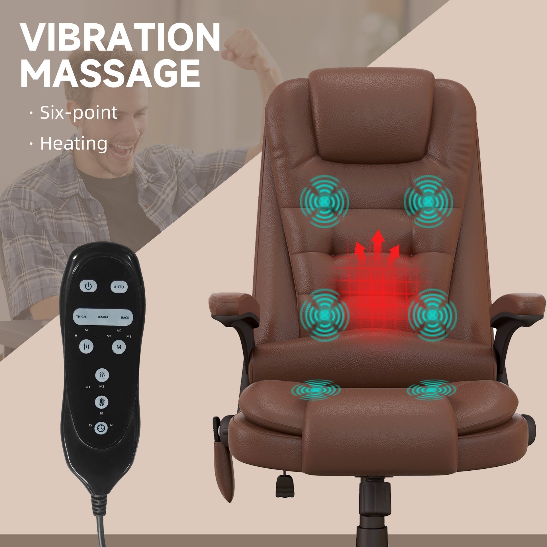 HOMCOM Massage Office Chair, Heated Reclining Computer Chair with 6 Vibration Points, Armrest and Remote, Brown